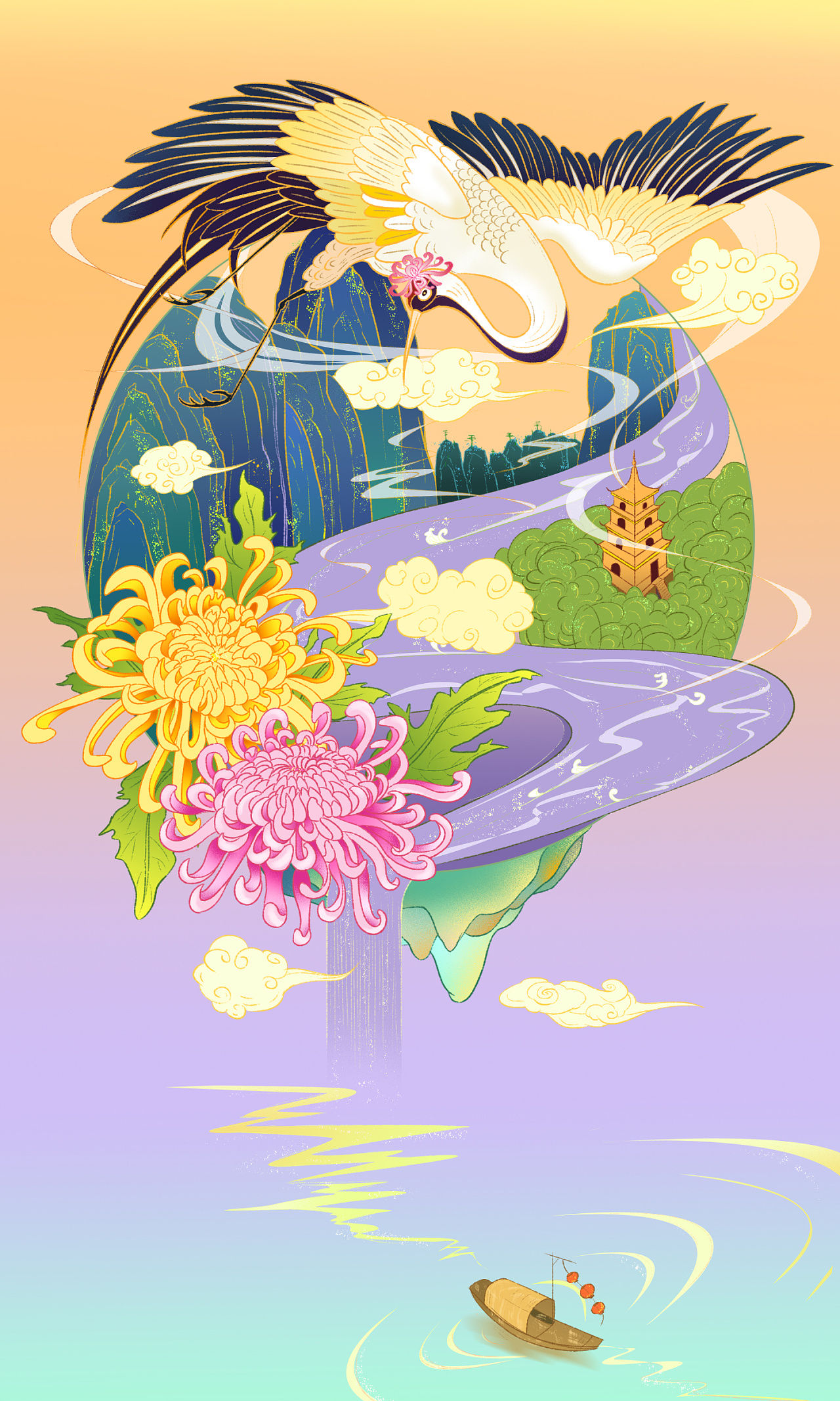 鹤与菊中国风国潮插画