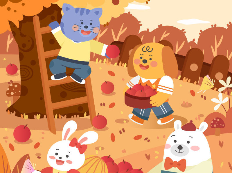 秋天大丰收动物儿童插画