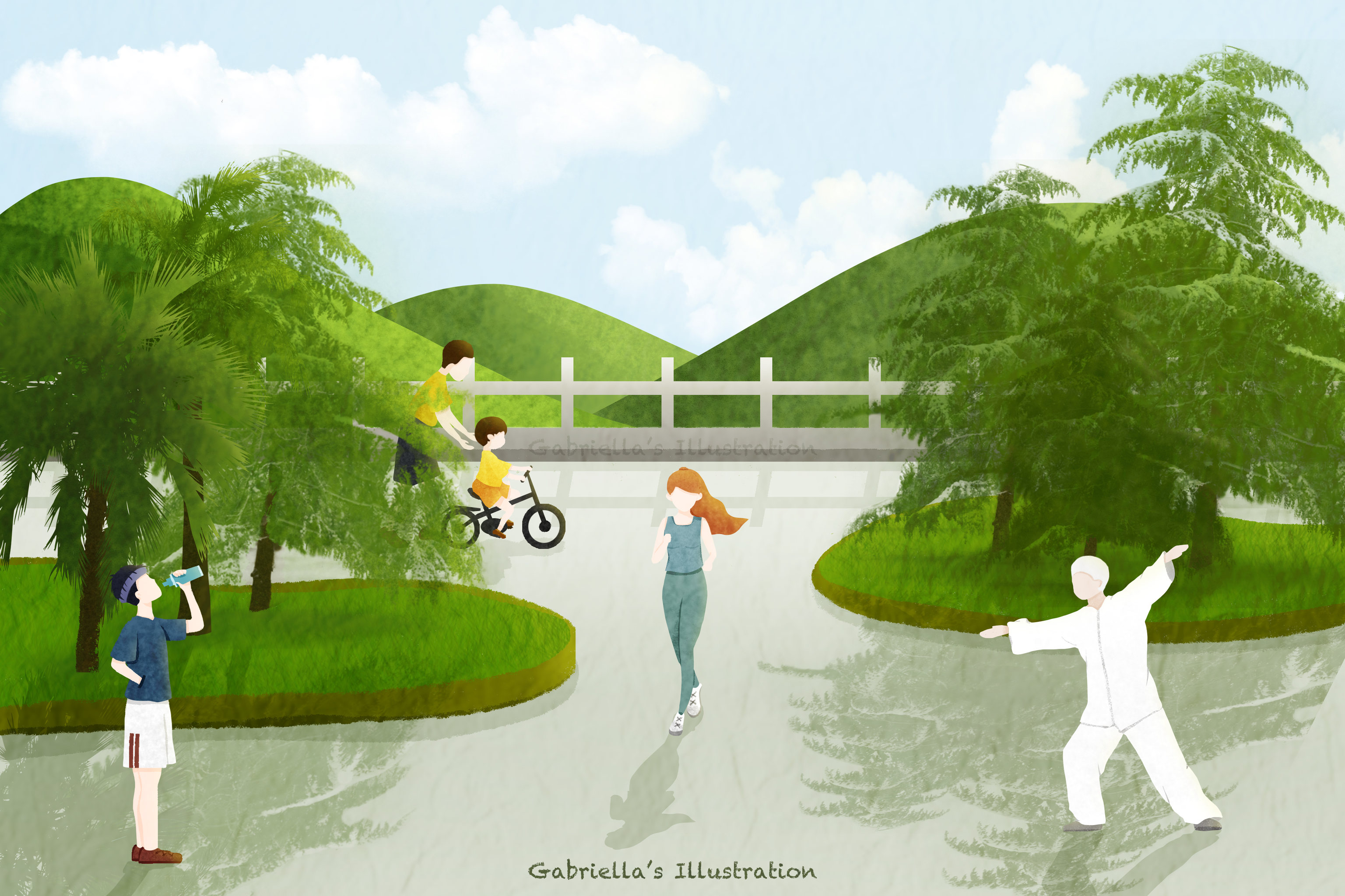 原创插画运动公园一角