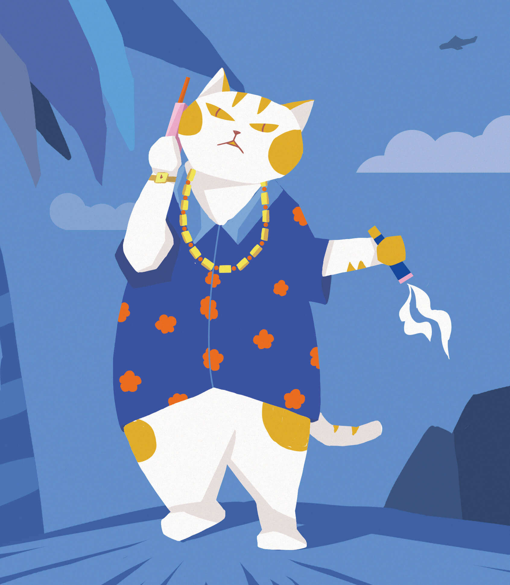 猫哥和它的粉色大哥大 插画  - 其他绘画 |   上