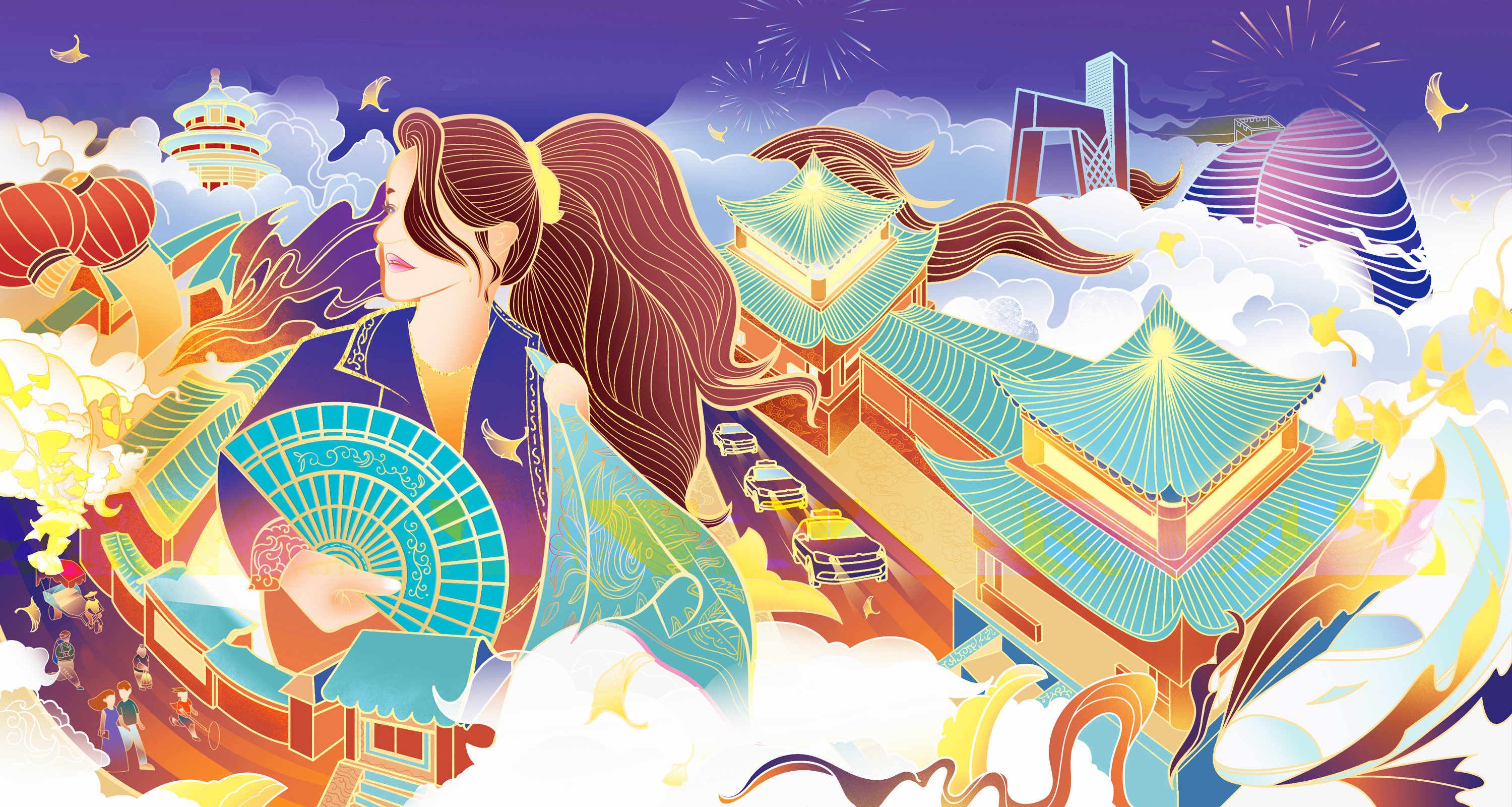 结合当下的北京,以及时下国潮的兴起,所以想表达一种穿越古今的时代