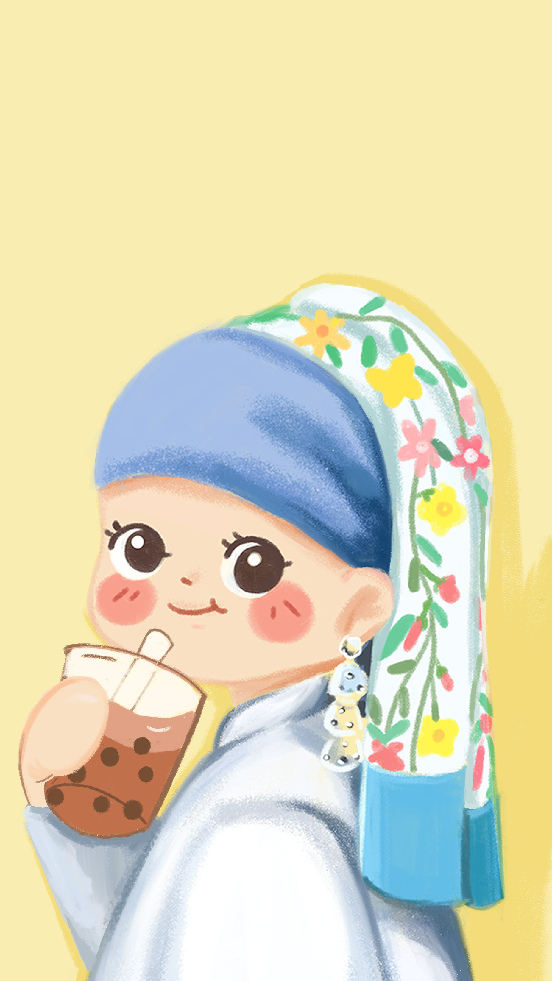 喝珍珠奶茶的少女q版趣味插画