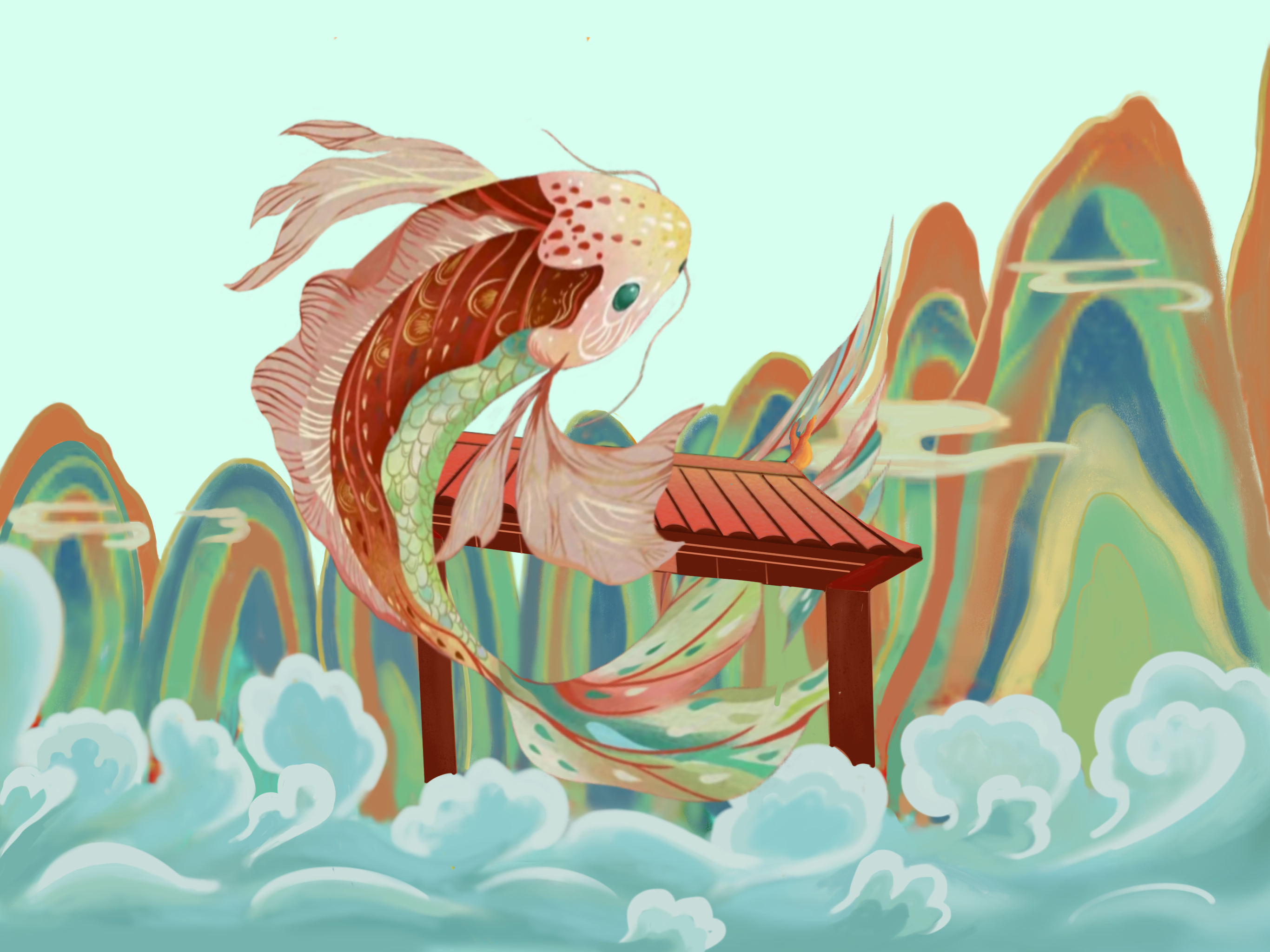 鲤鱼跃龙门 - 大王会画o - 转载作品 - 视觉中国(爱视觉)