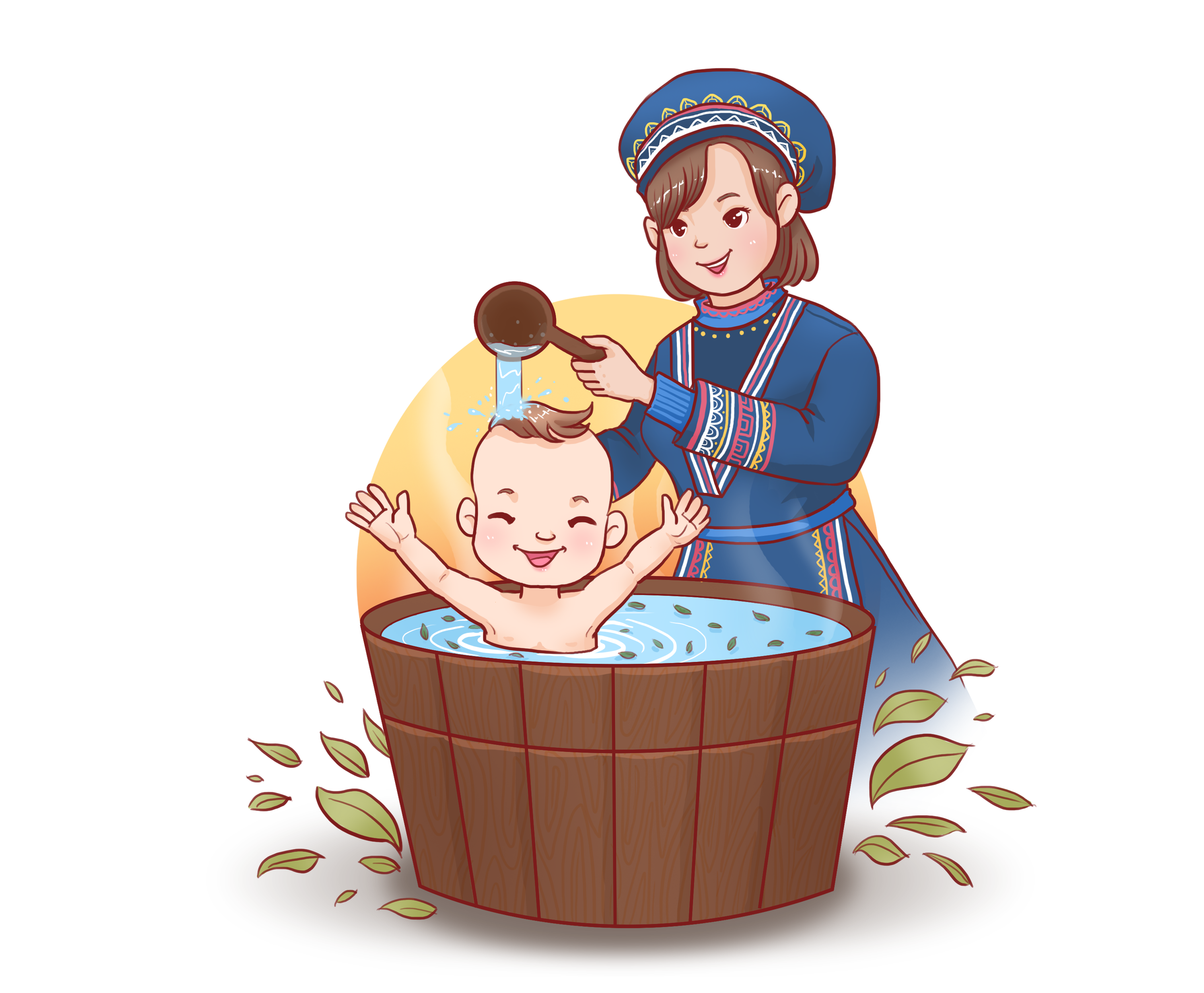 瑶族宝宝洗澡插画 - 蔚来宝贝母婴体验馆 - 原创作品 - 视觉中国