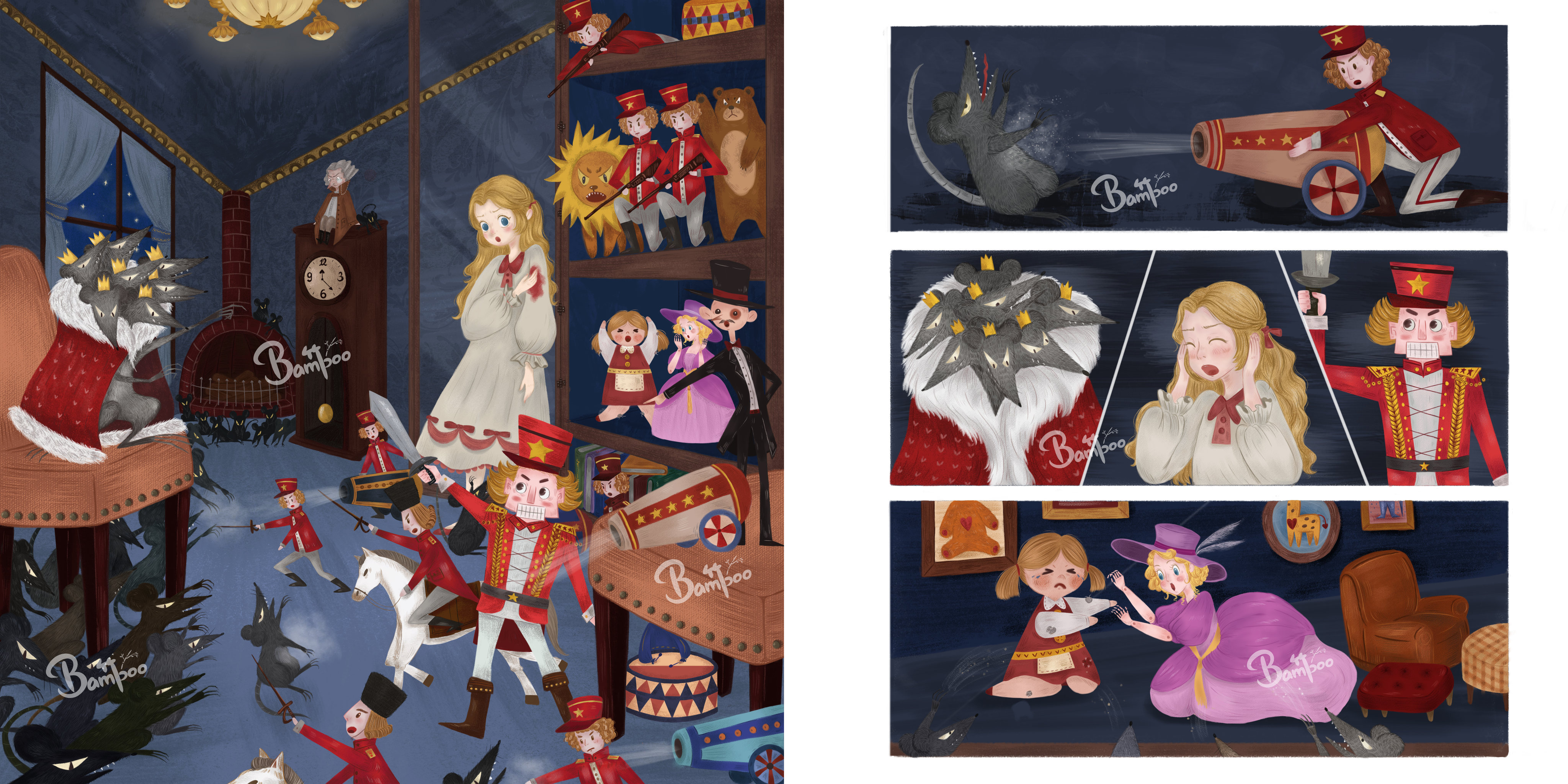 绘本练习,选取了《胡桃夹子》故事中胡桃夹子和老鼠对战的场景.