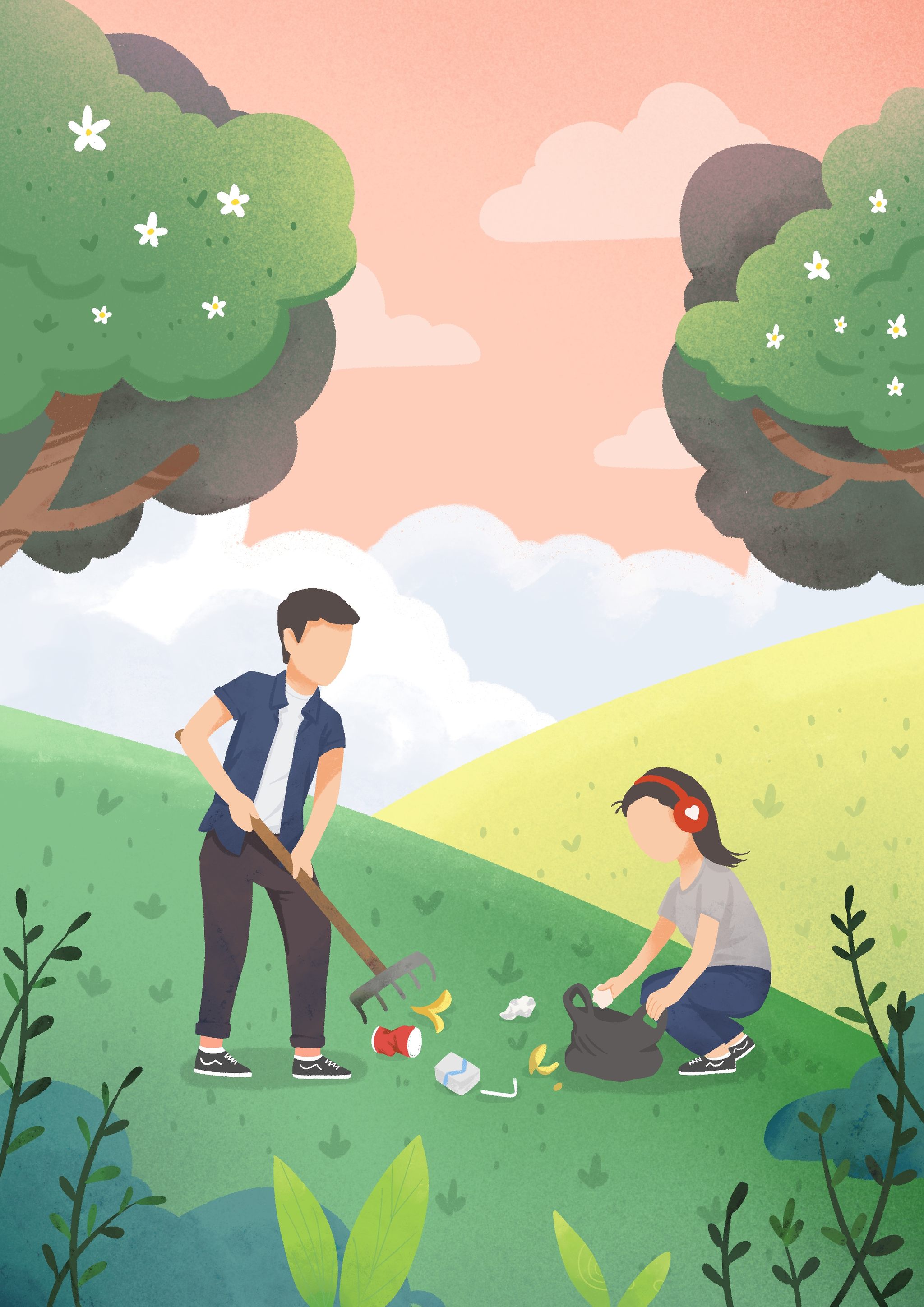 晨跑捡垃圾环保的一对情侣