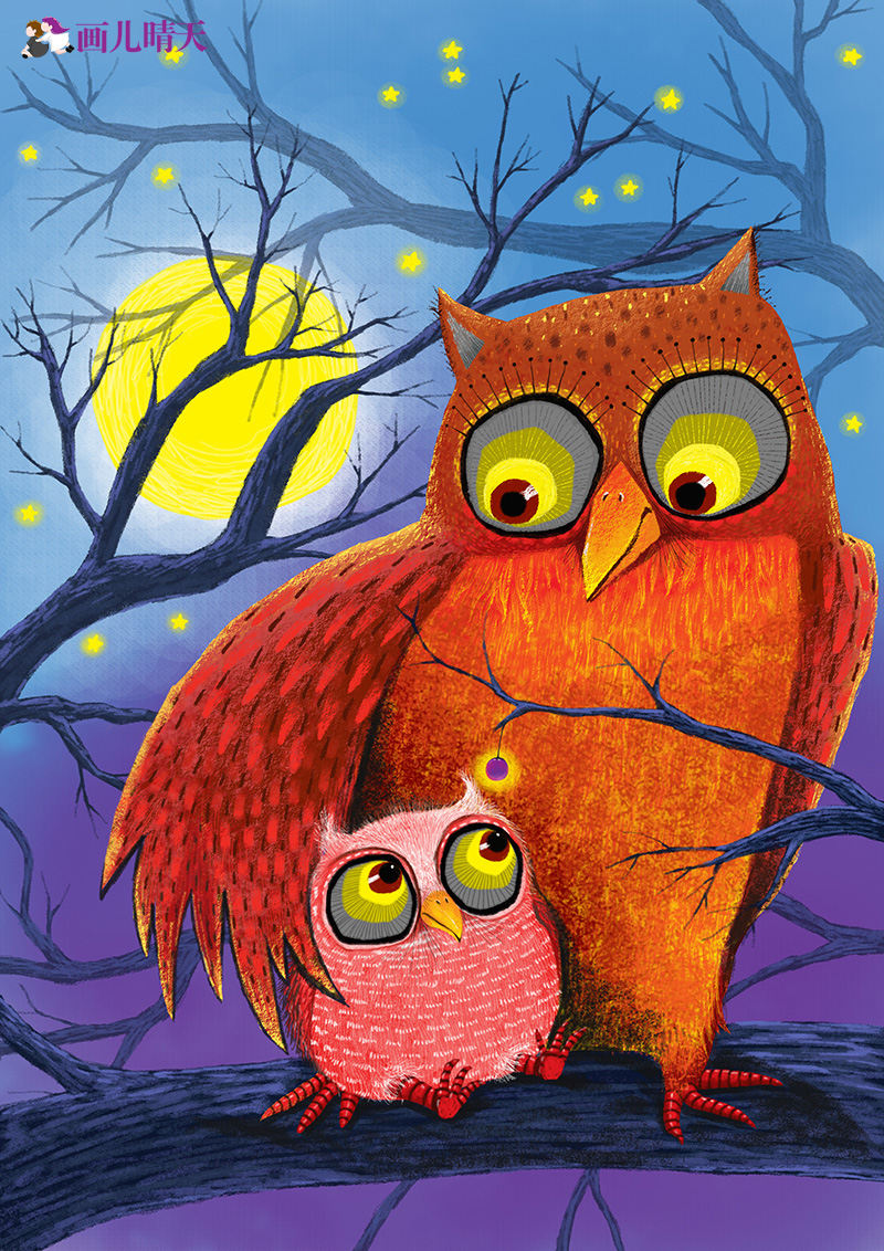 画儿晴天-王净净-猫头鹰插画-猫头鹰水墨画-国画猫头鹰