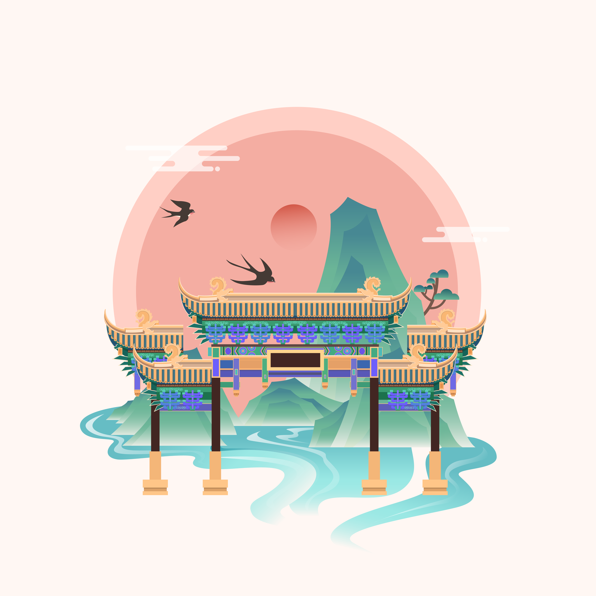 成都城市古建筑文殊院矢量插画