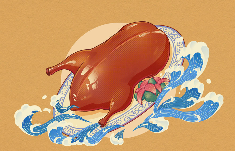 北京烤鸭手绘中国传统美食海报
