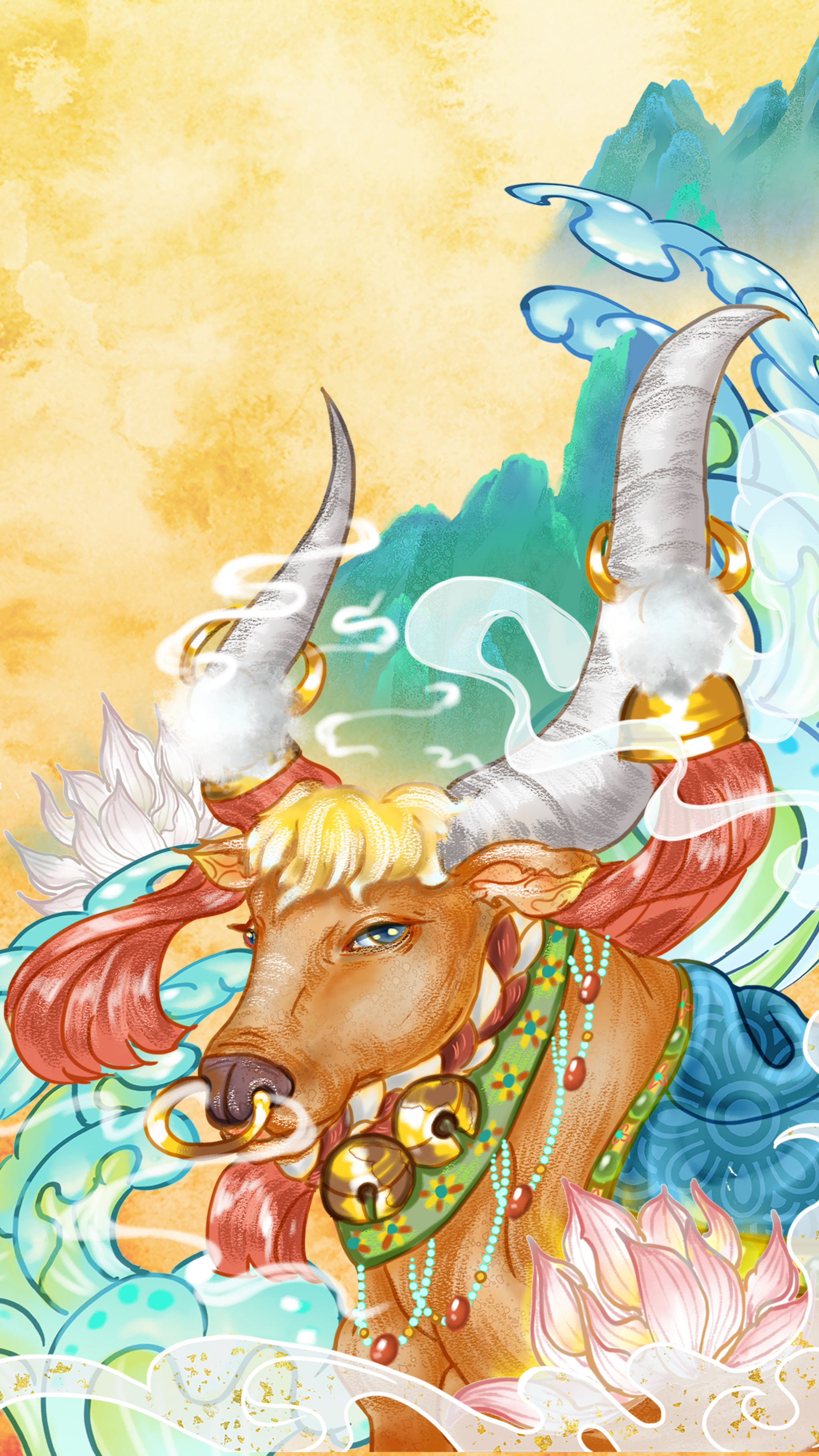 牛年大吉生肖中国风国潮灯笼古风山水贺岁图