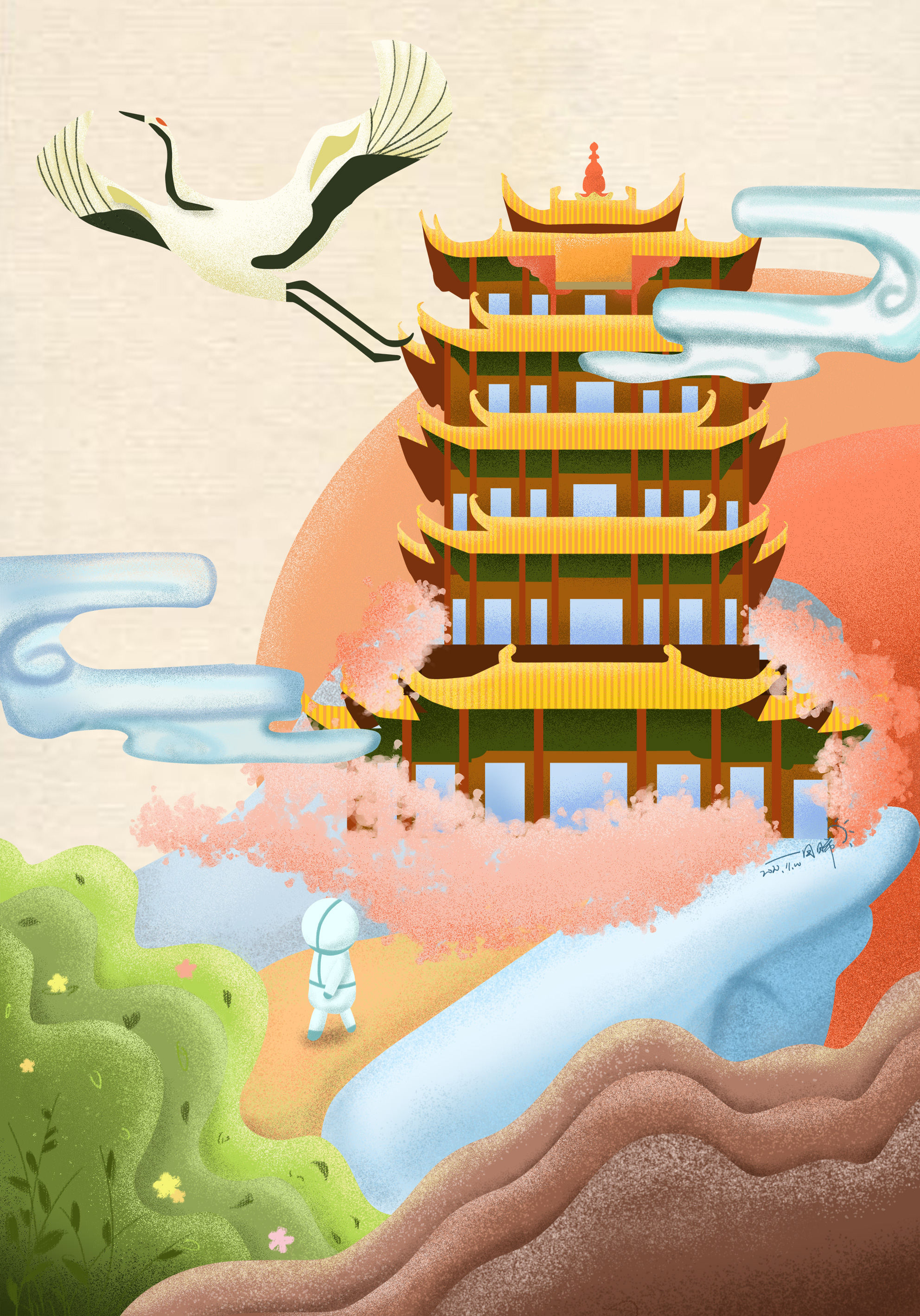 扁平插画 | 黄鹤楼—悄然而至