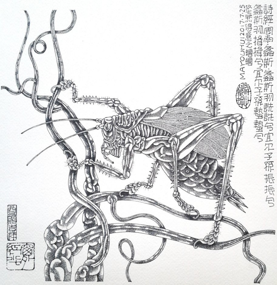 钢笔画悠然得意之蝈蝈