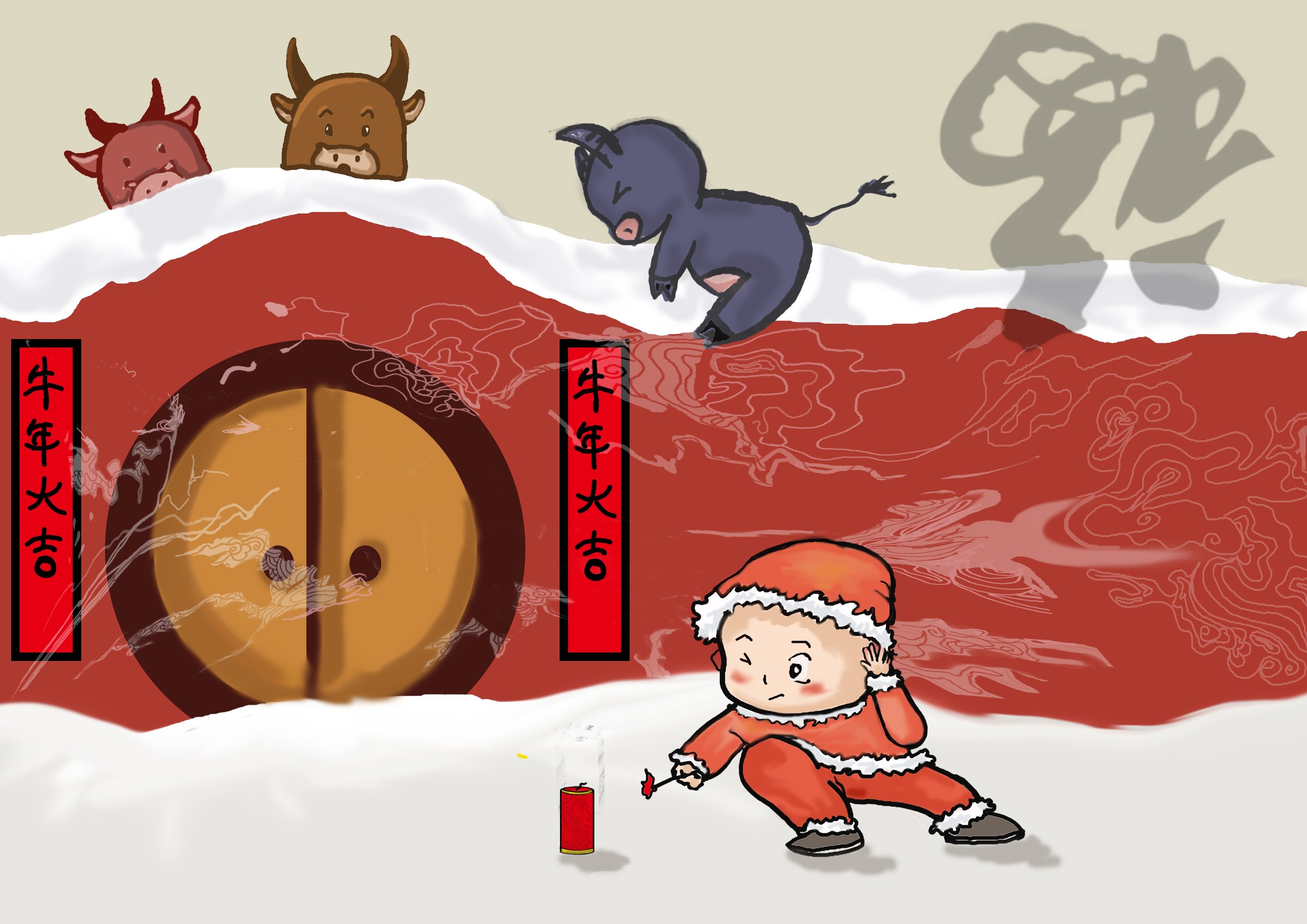 牛年插画牛牛看炮竹牛牛舞狮迎新春