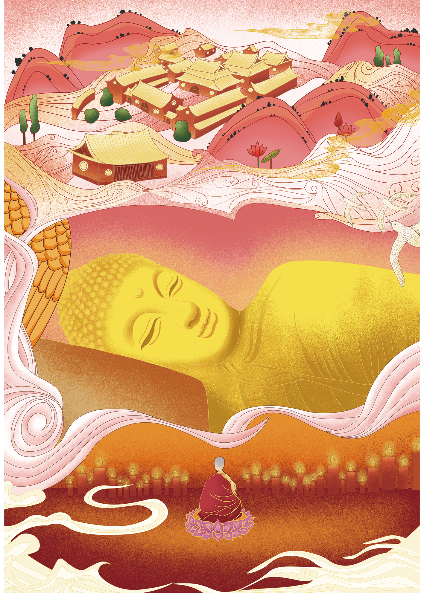 中国风噪点插画和尚卧佛与寺庙