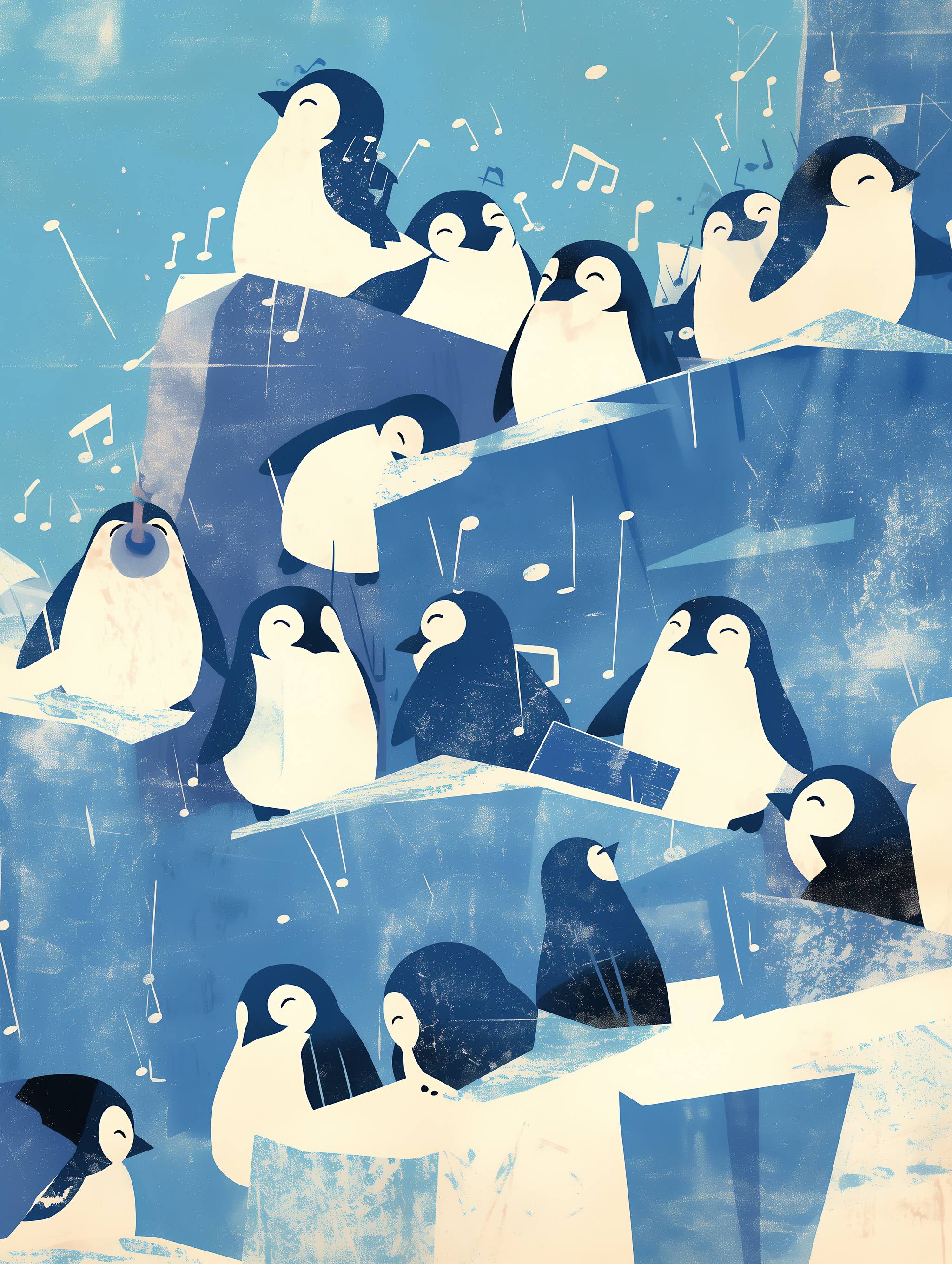 蓝色调可爱的小企鹅水粉风格装饰插画