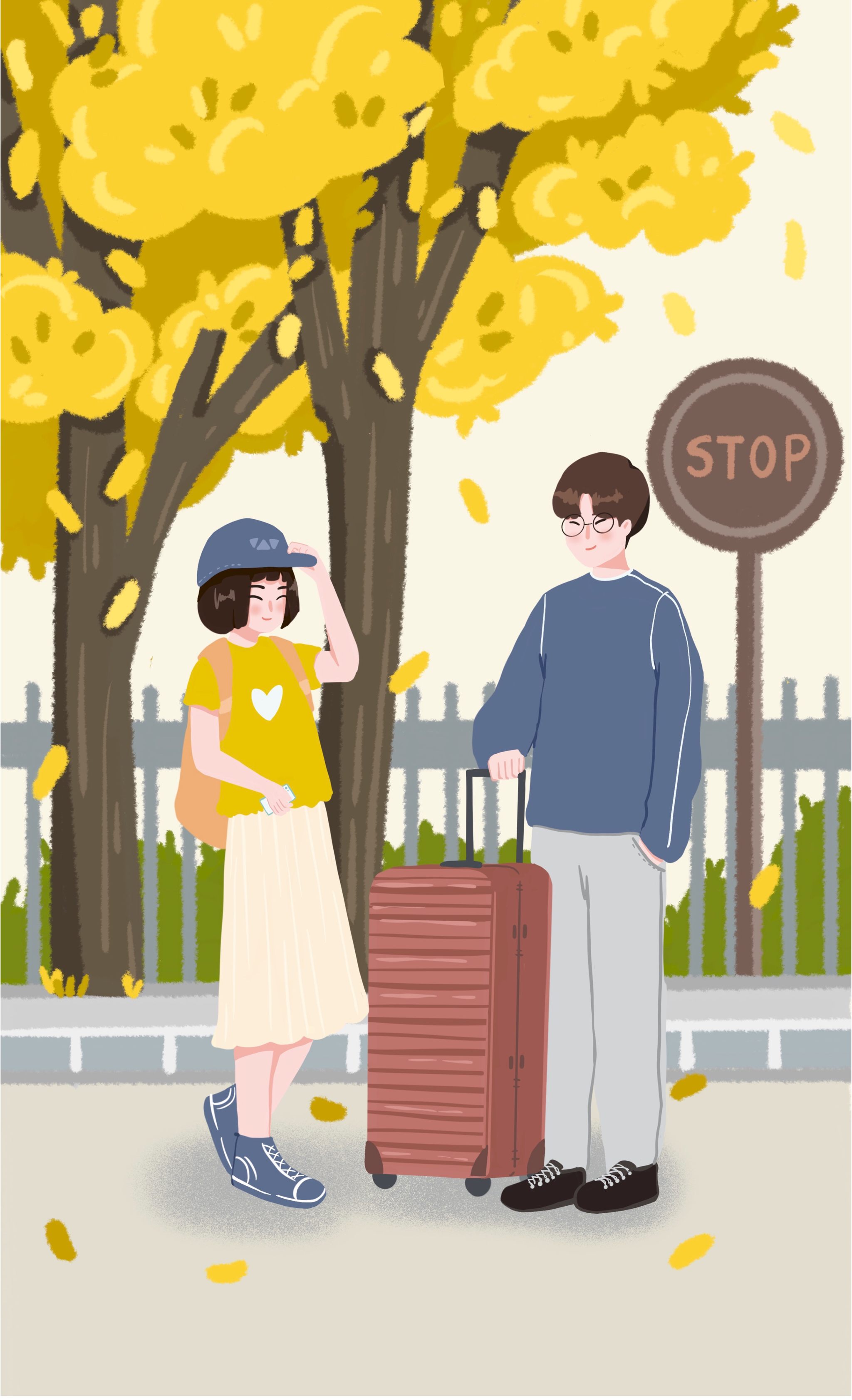 秋季落叶情侣外出旅游