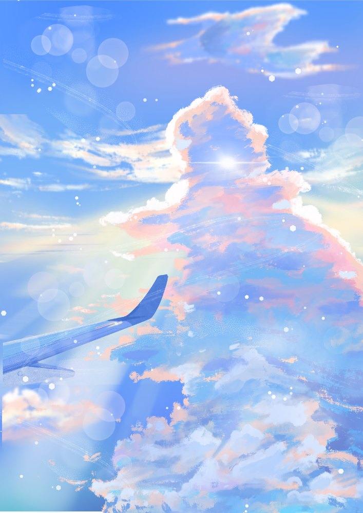 治愈系云朵天空插画素材唯美夏日风景蓝天白云