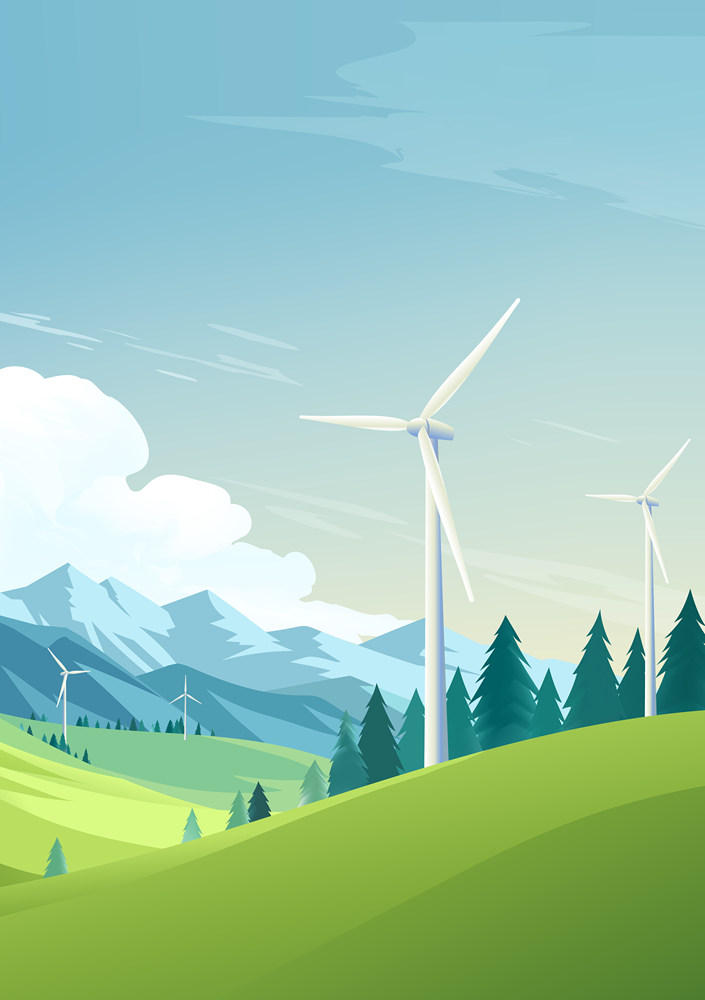 竖版环保背景插图竖立在山间的风力发电机