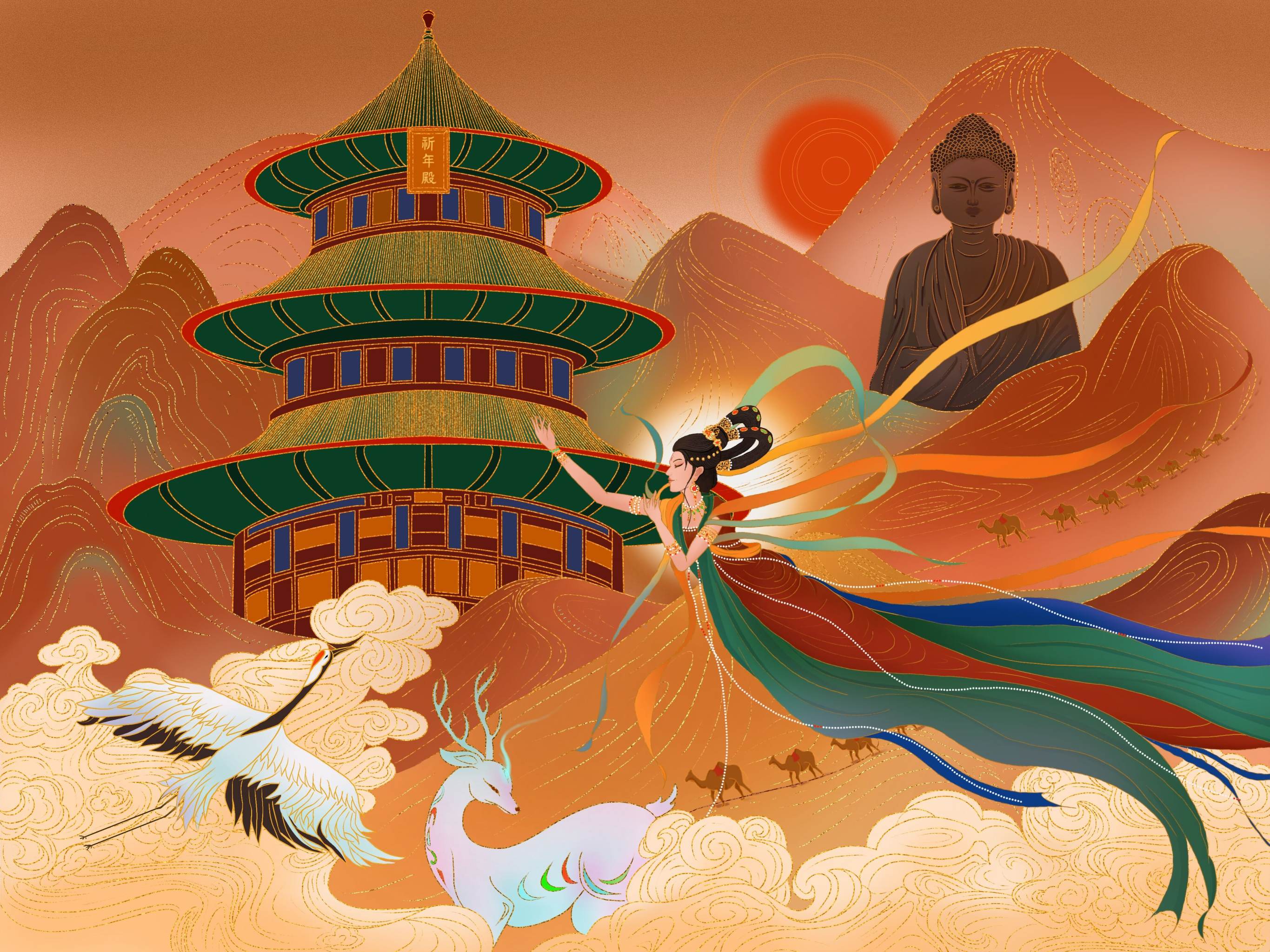 原创国潮插画敦煌飞天