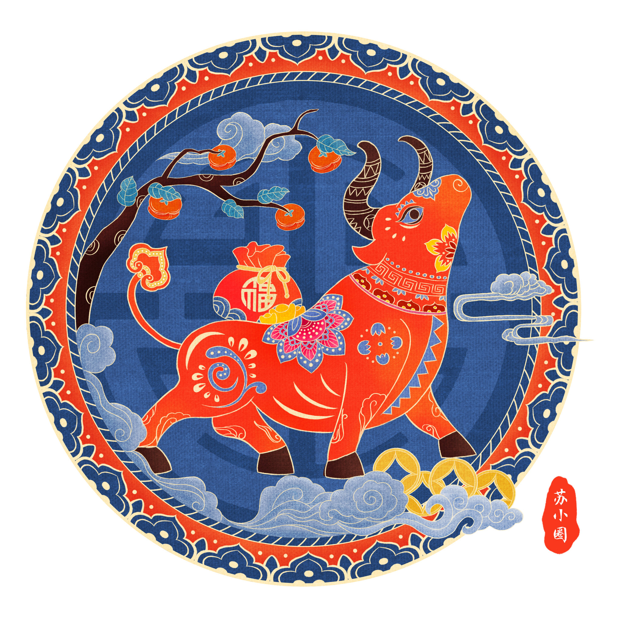 剪纸风牛年牛气冲天招财进宝 - 苏小圈 - 原创作品 - 视觉中国(爱视觉