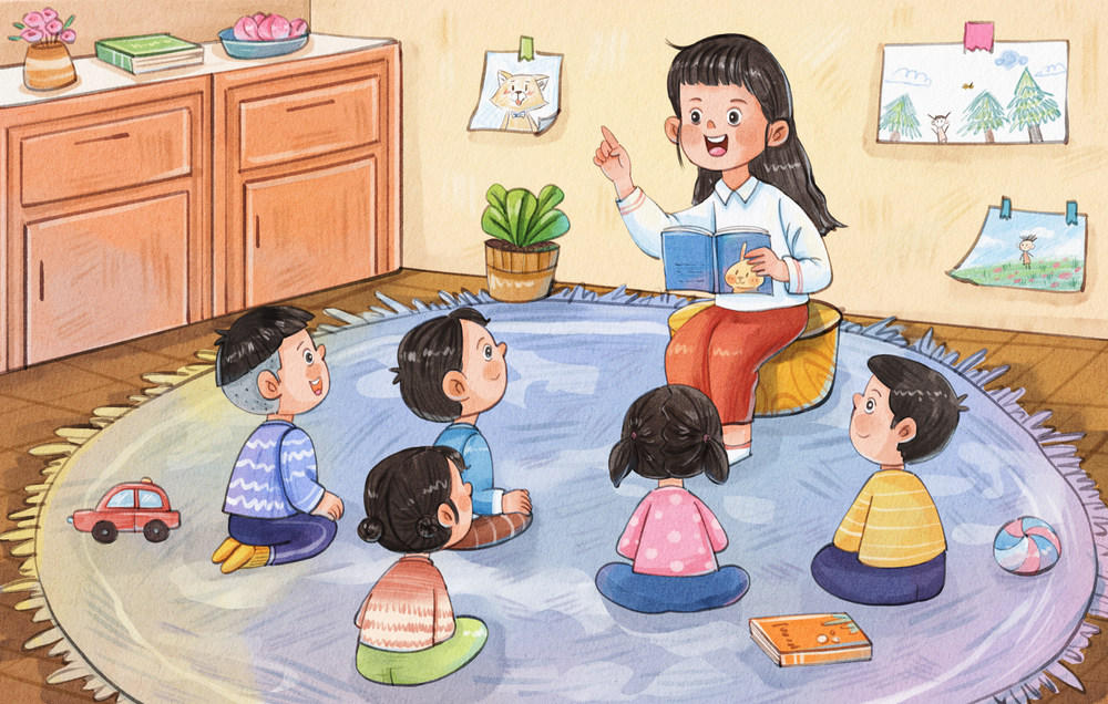 手绘水彩大家坐地板上听老师讲故事插画