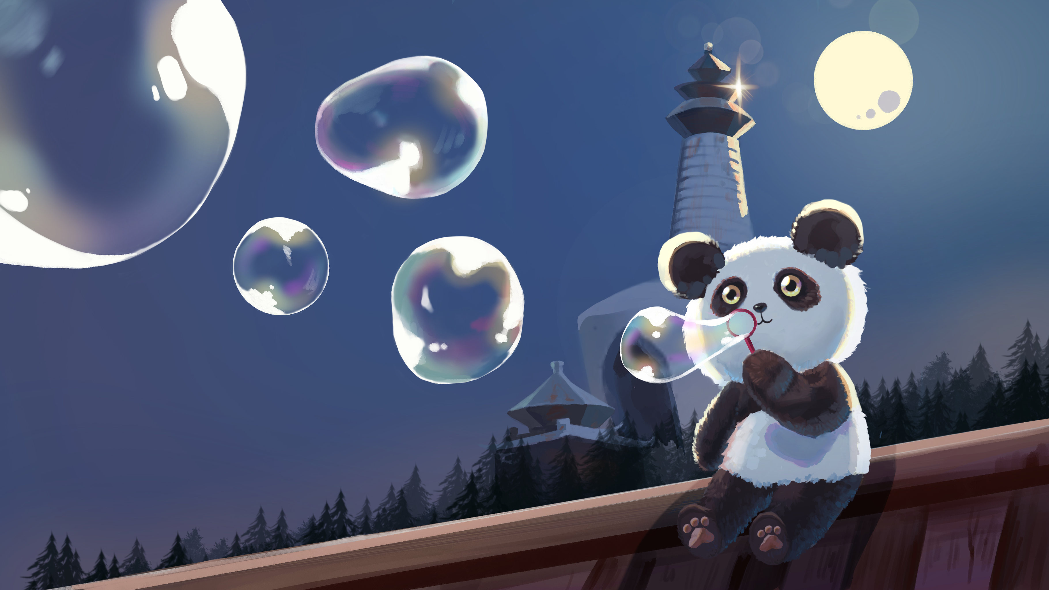 相传每到满月北海公园的某个屋顶上会出现一只乘着月色吹泡泡的胖达