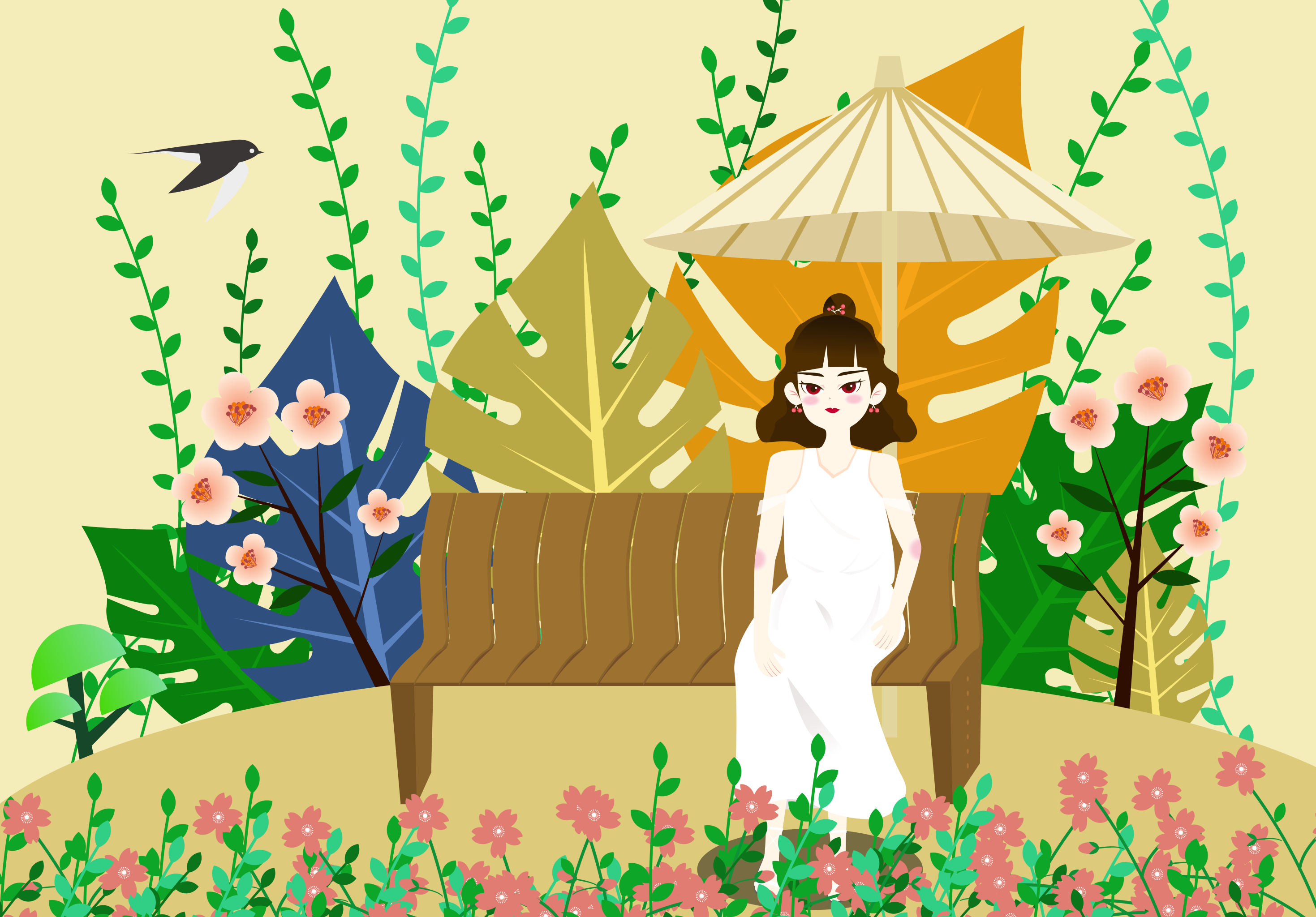 扁平风少女坐在椅子等待着ai插画