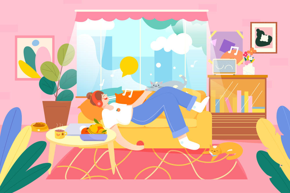 在家里躺在沙发上听音乐撸猫的女孩矢量插画