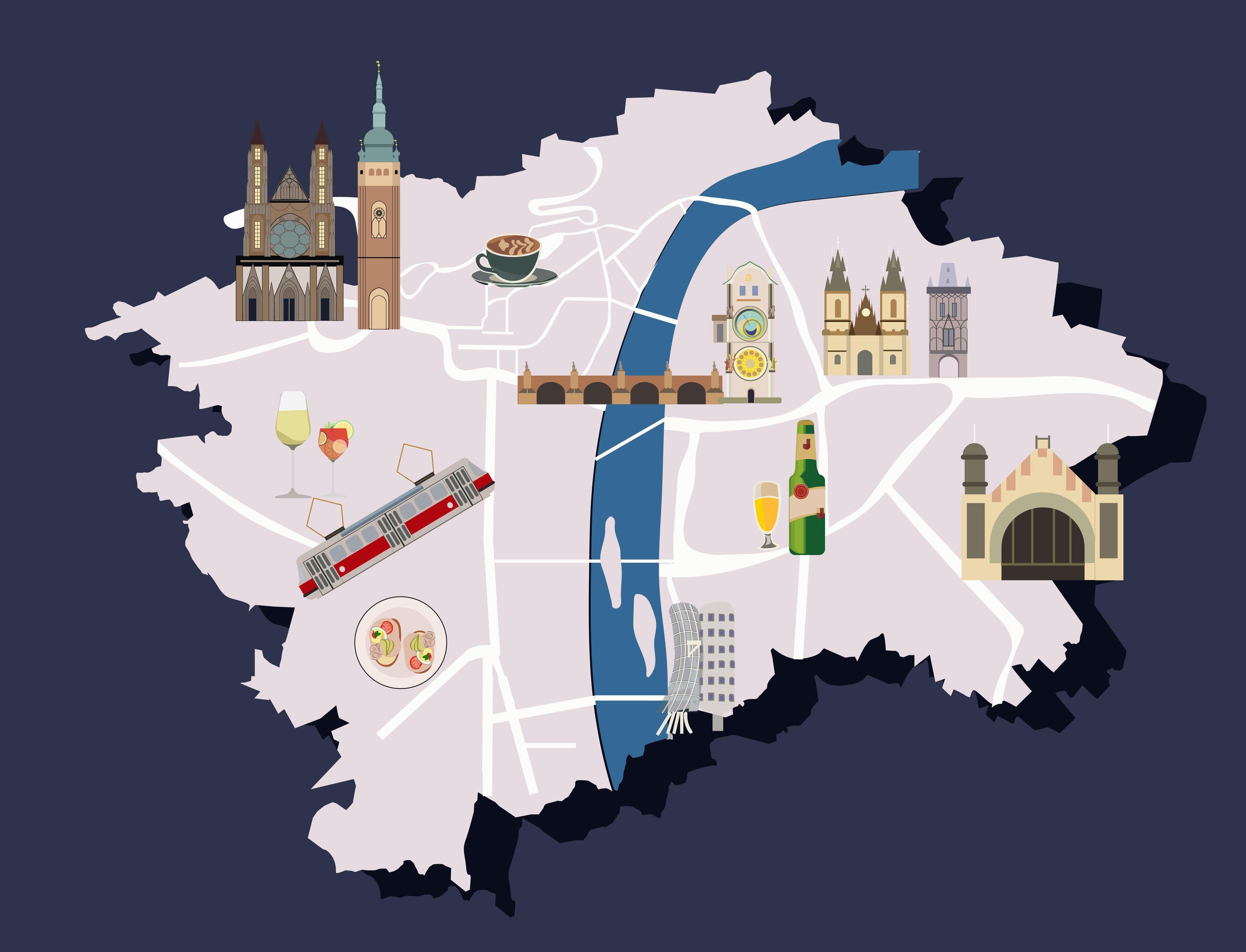布拉格地图矢量地标建筑插画