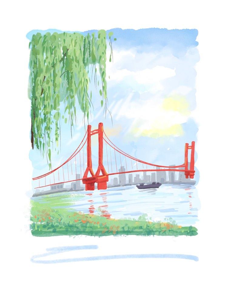 水彩桥梁风景写生插画素材