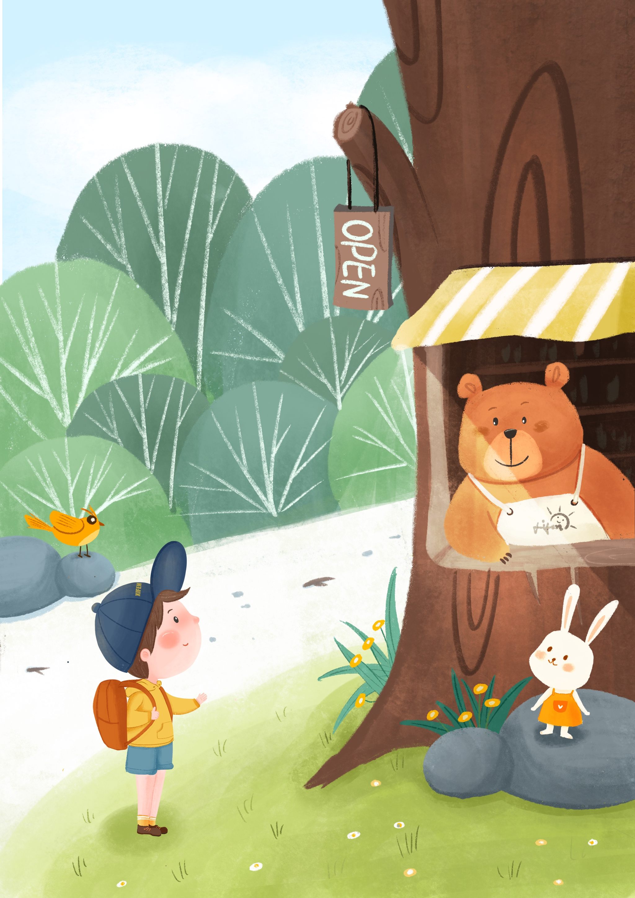 儿童插画之夏季森林冒险之旅,寻找灯塔上的风景