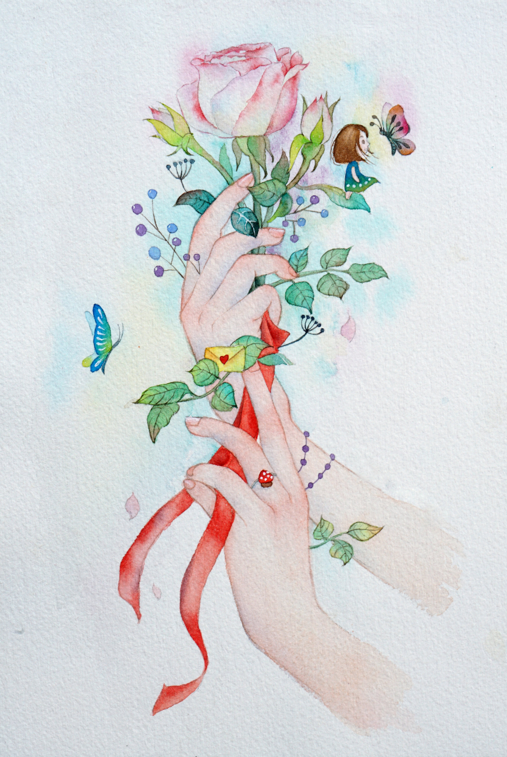 原创手绘水彩人物-花卉