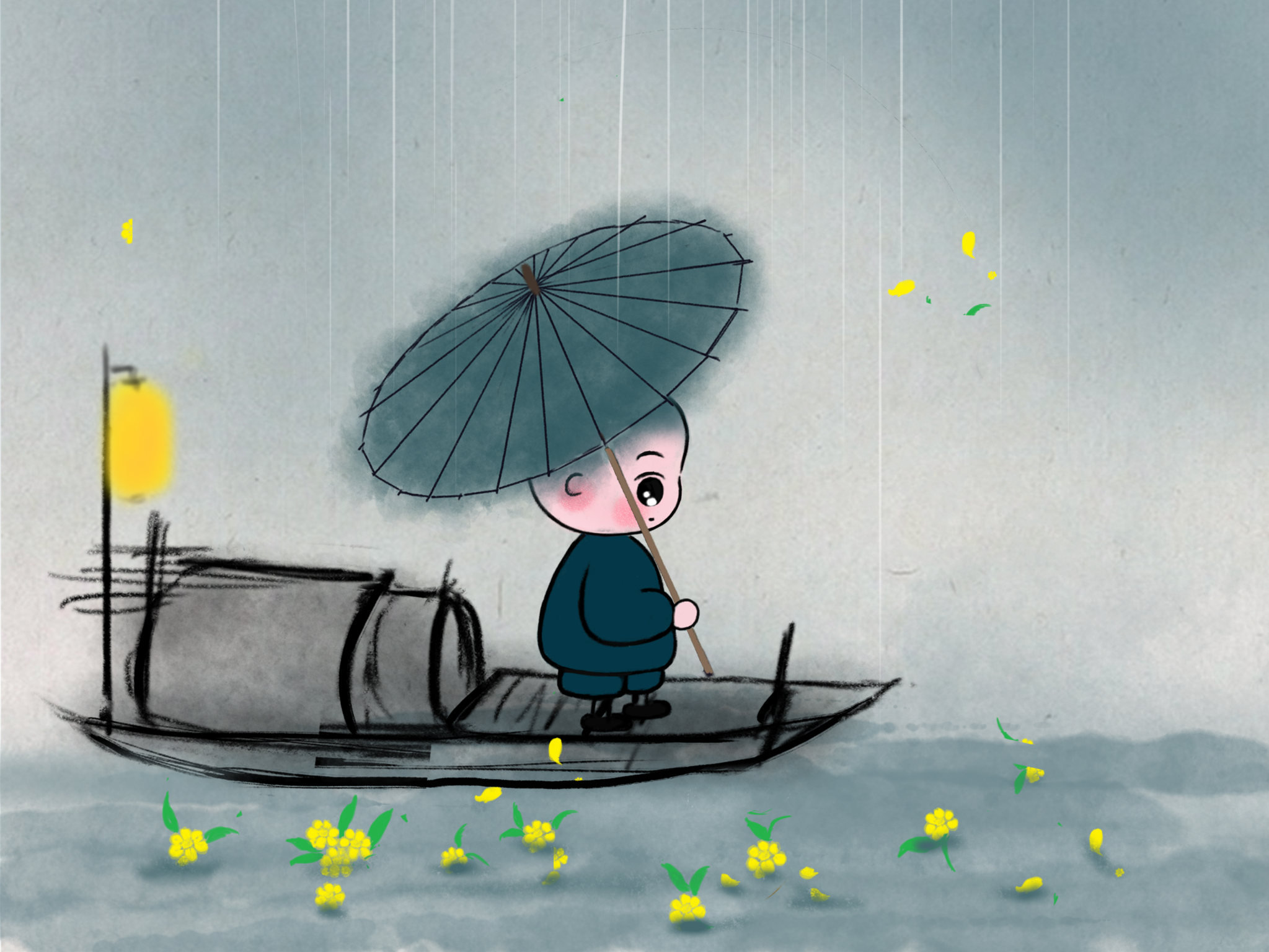 儿童插画 小和尚小道士 中国风 童真童趣 雨夜 江河 船伞