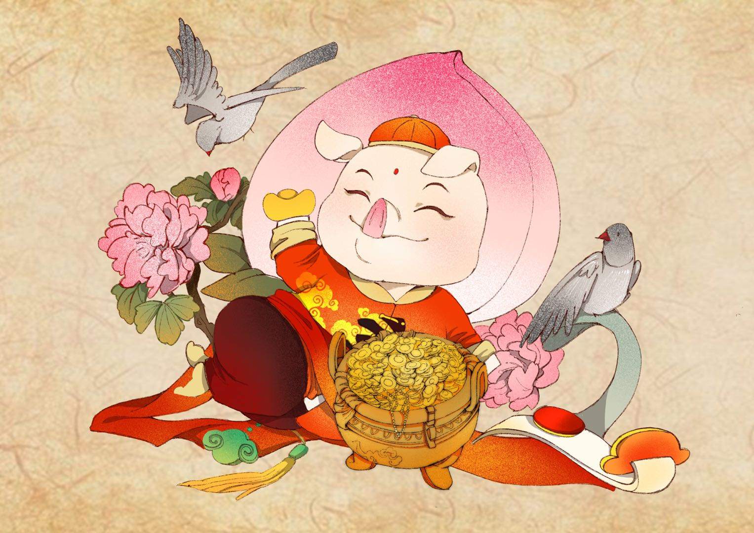 2019送福年画(年画传统形象:富贵牡丹,喜鹊,聚宝盆,如意,寿桃,元宝等