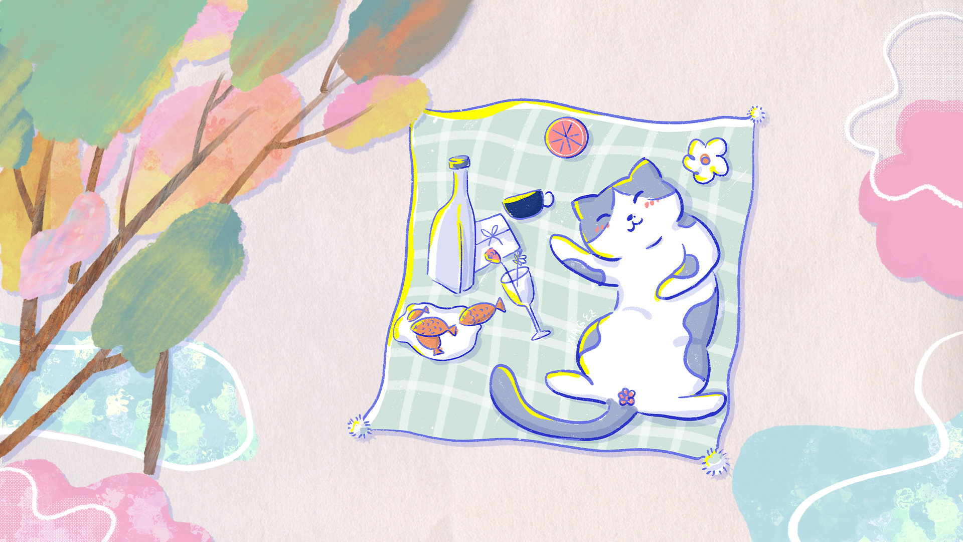 插画春游猫咪壁纸
