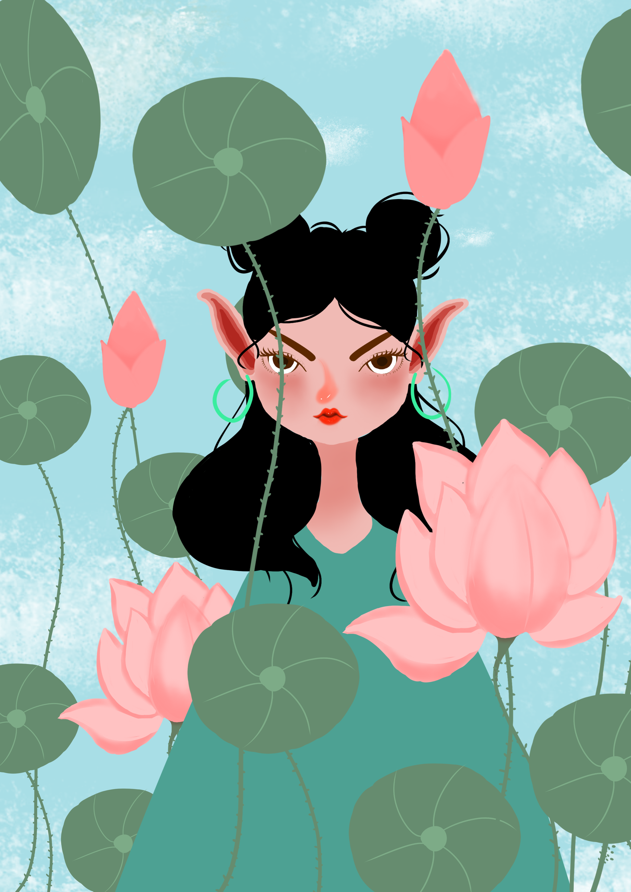 荷花女孩人物插画