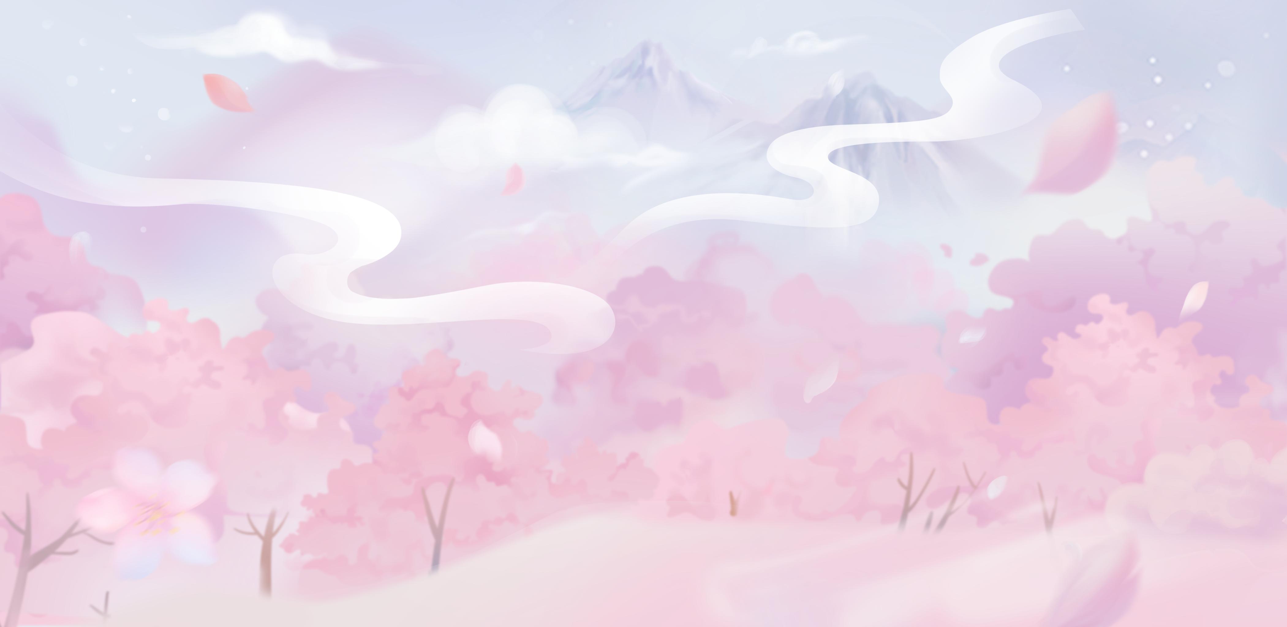 春天唯美樱花树下,粉色森林插画仙境背景