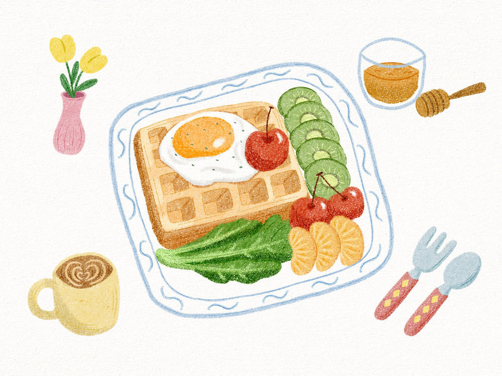 彩铅美食早餐鸡蛋水果摆盘茶杯蜂蜜