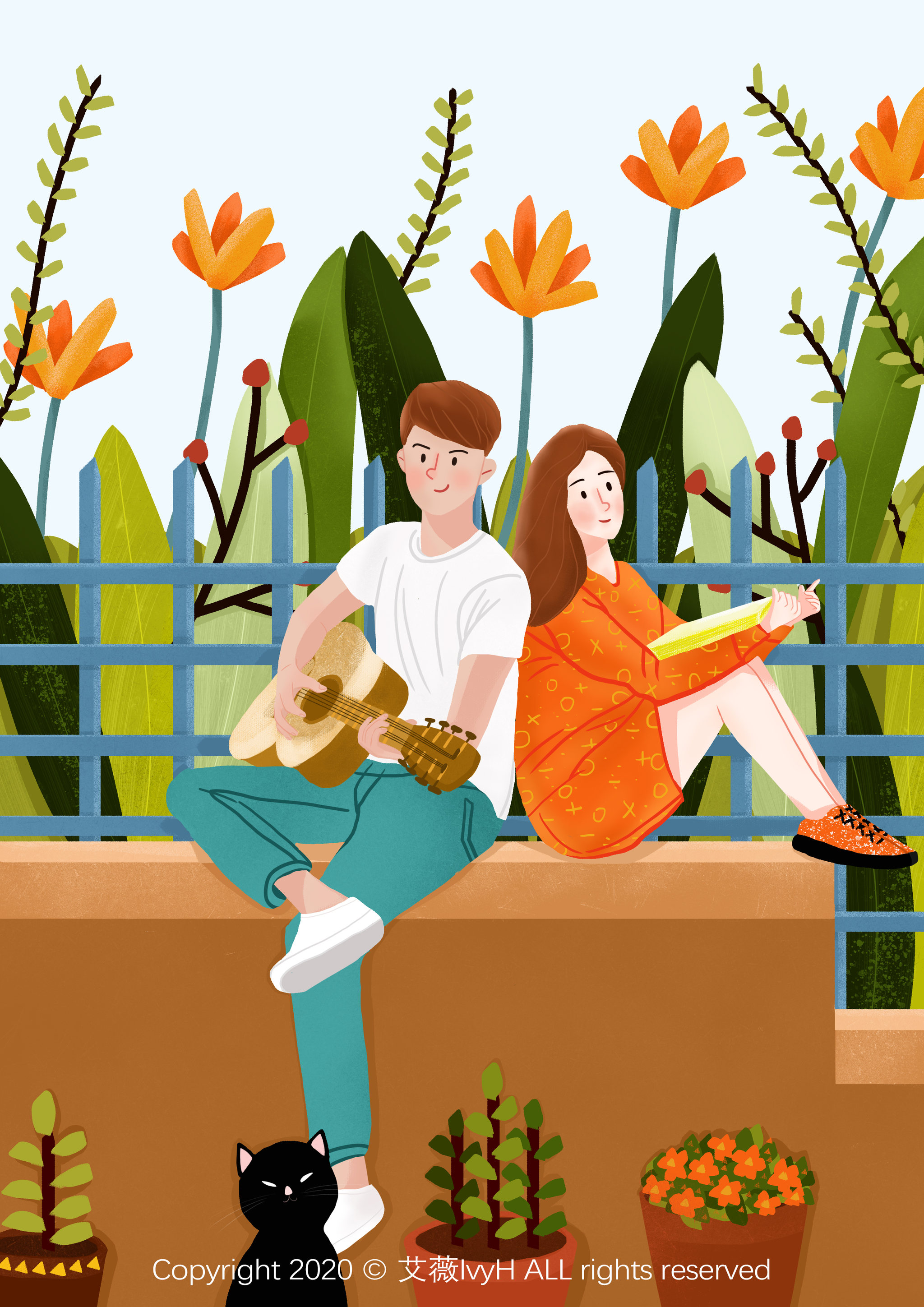 情侣户外弹吉他