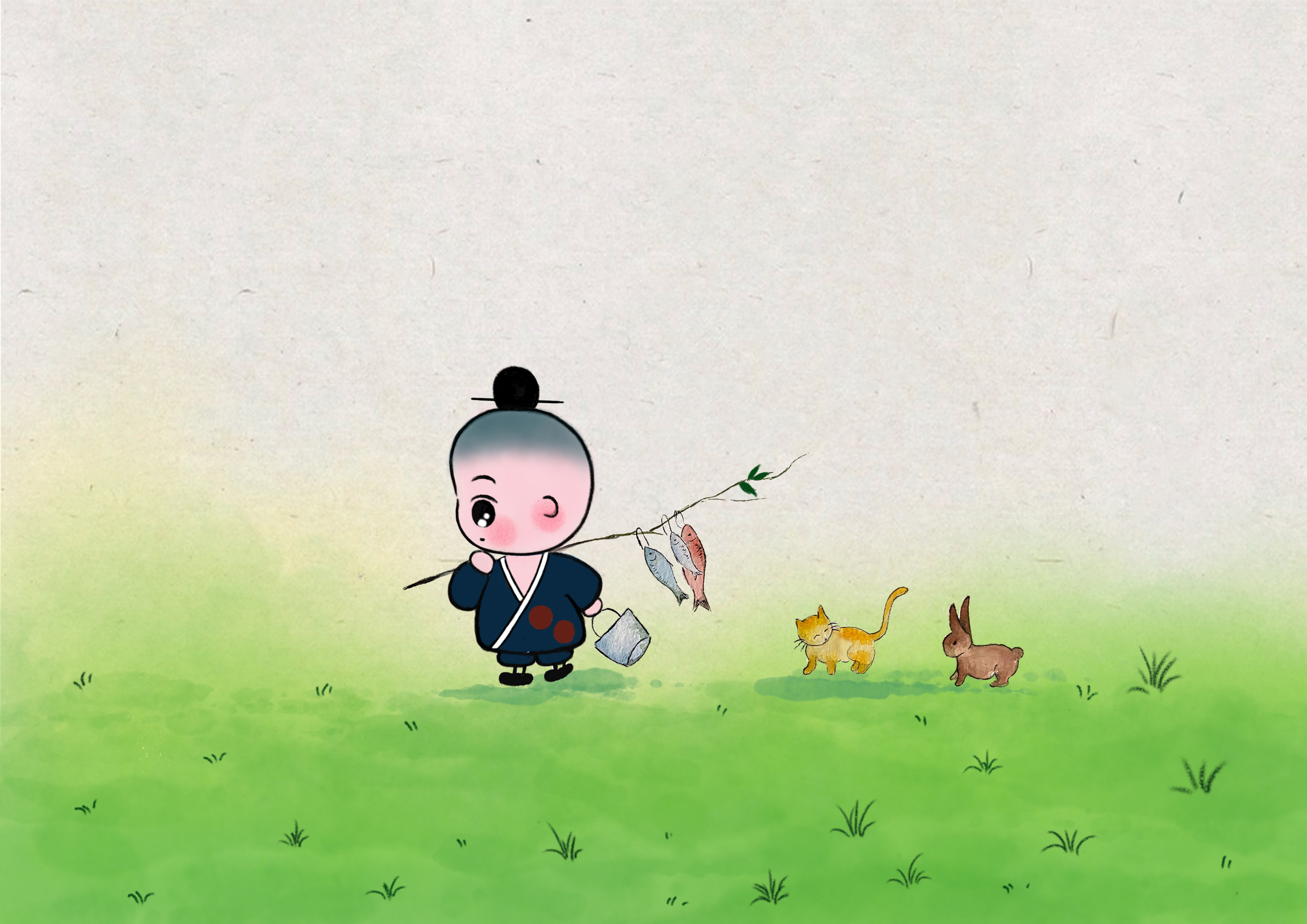 儿童插画 小和尚小道士 中国风 童真童趣钓鱼 猫猫狗狗 垂钓