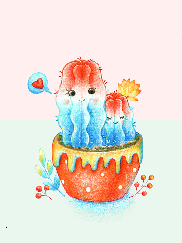 卡通可爱仙人掌植物盆栽小情侣清新彩铅手绘情人节插画