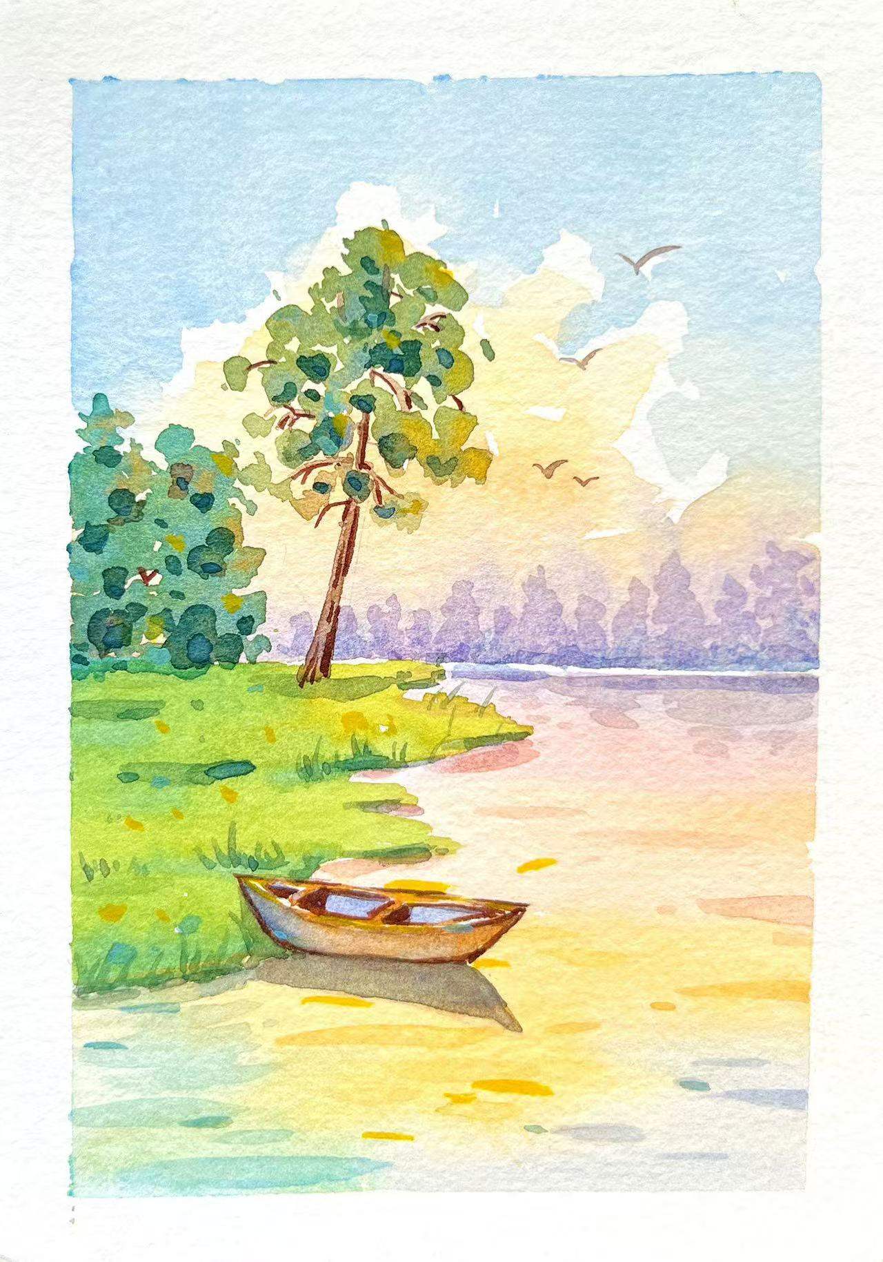 水彩风景湖畔