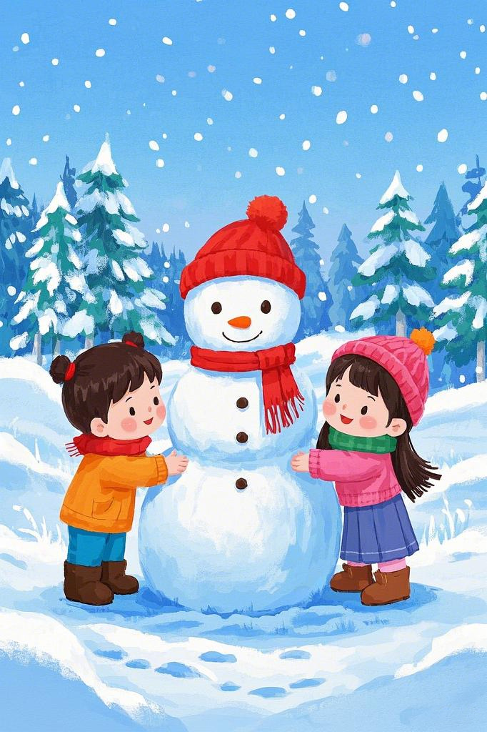 手绘插画大寒时节两个小女孩堆雪人