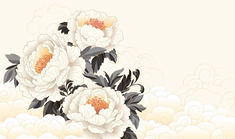 中国风插图牡丹花在祥云周围盛开