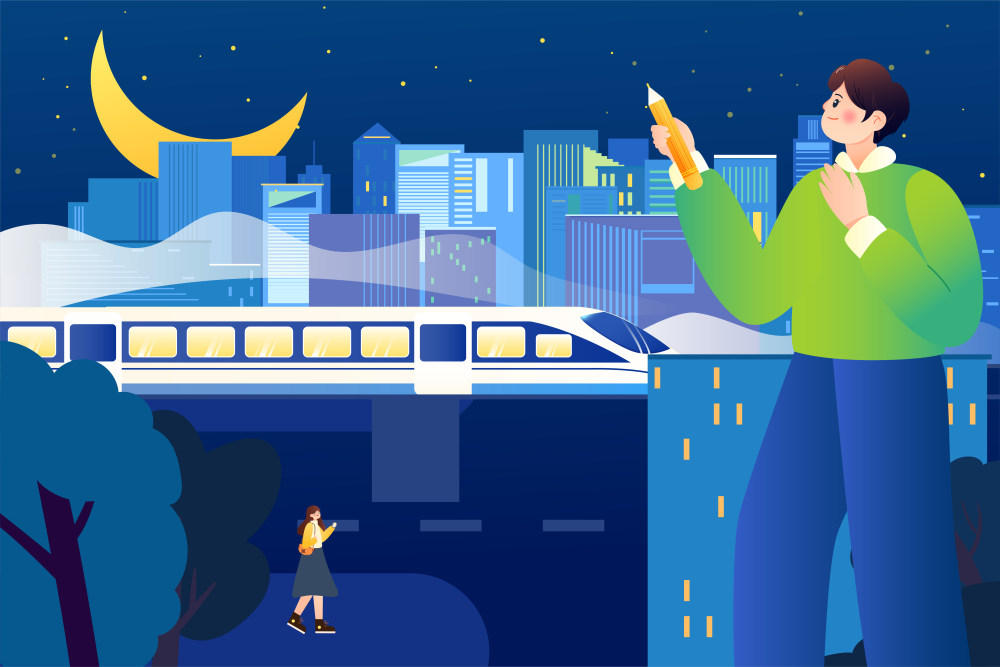 男孩为下班回家的女孩画星空矢量插画横图