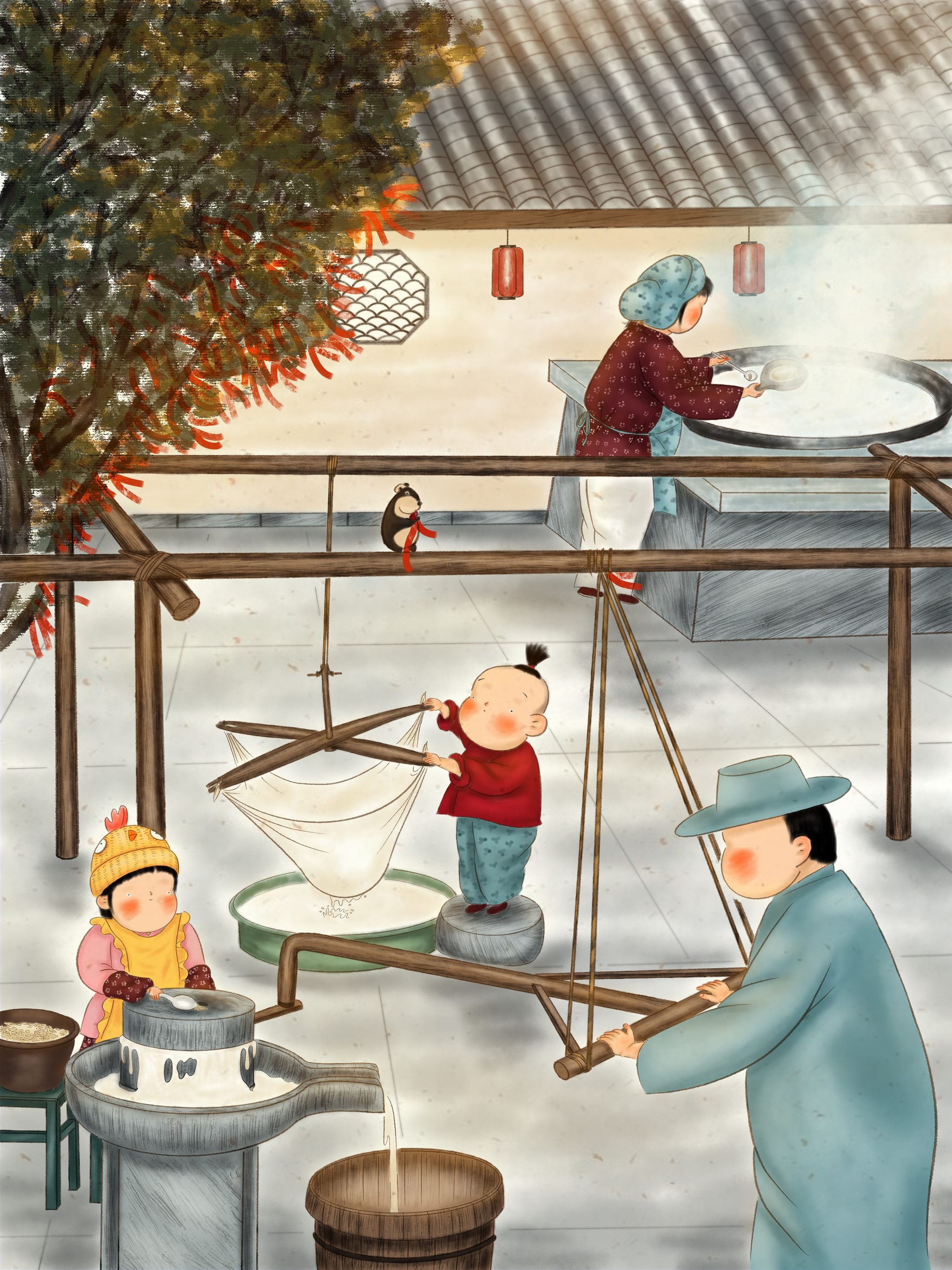 春节传统民俗腊月民间活动祭灶扫房子磨豆腐宰年鸡发面贴花花