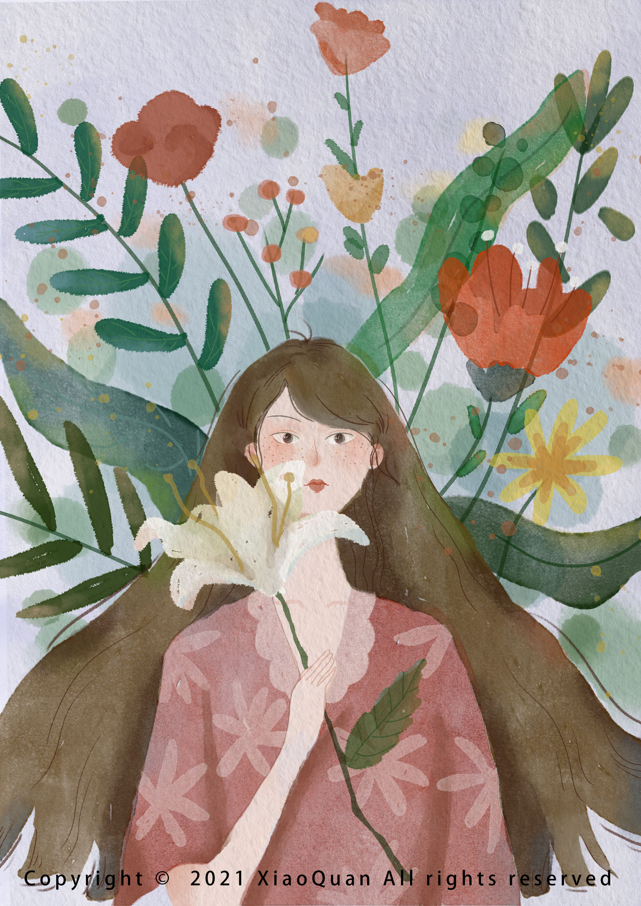 原创插画 | 抱花女孩 - 一口小泉 - 原创作品 - 视觉中国(爱视觉)