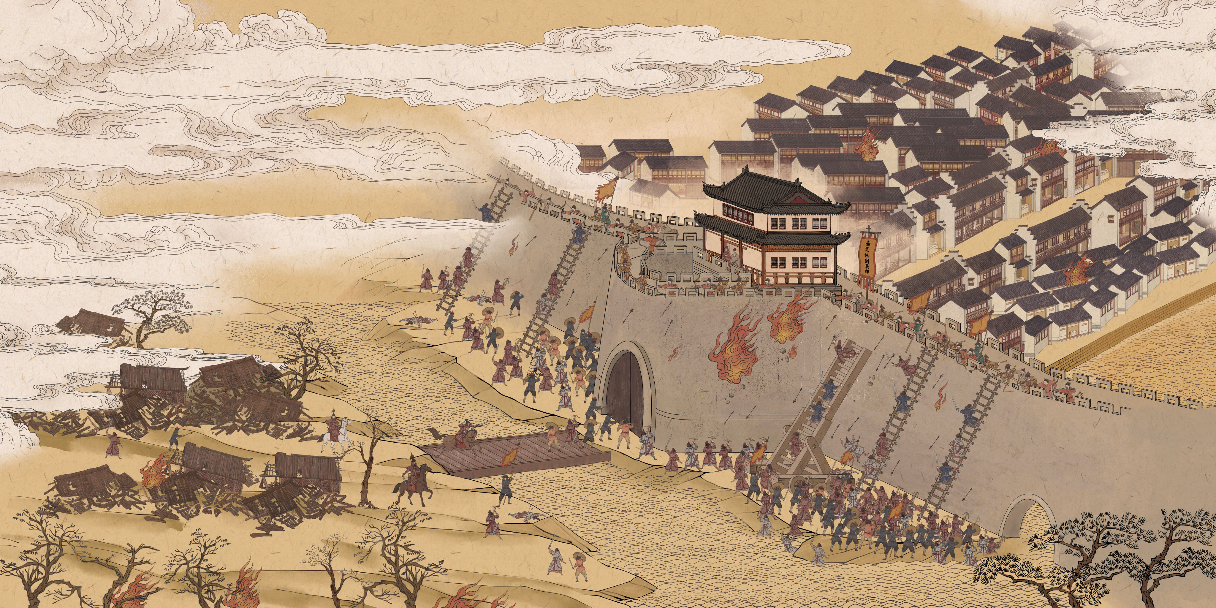 此插画是为出版书籍绘制,复原攻城场景.