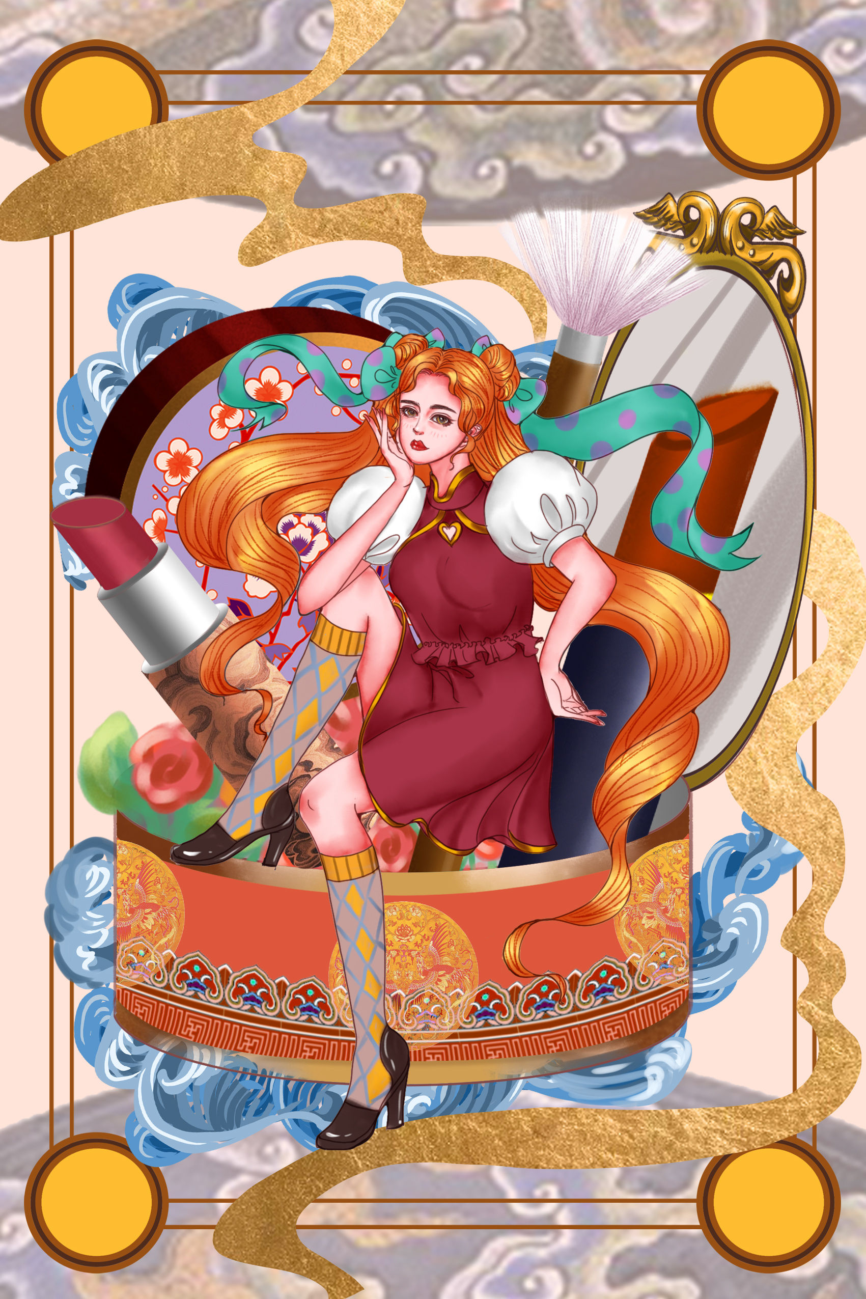 商业化妆品美少女可通国潮风海报插画