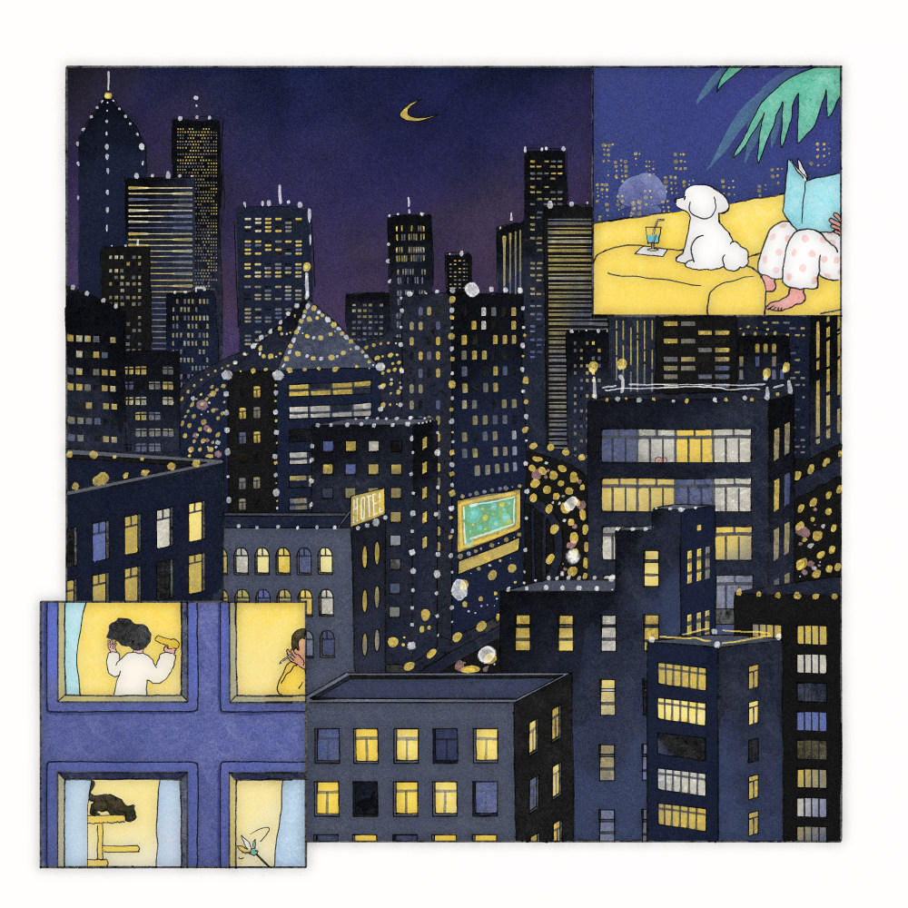 手绘夜晚城市插画